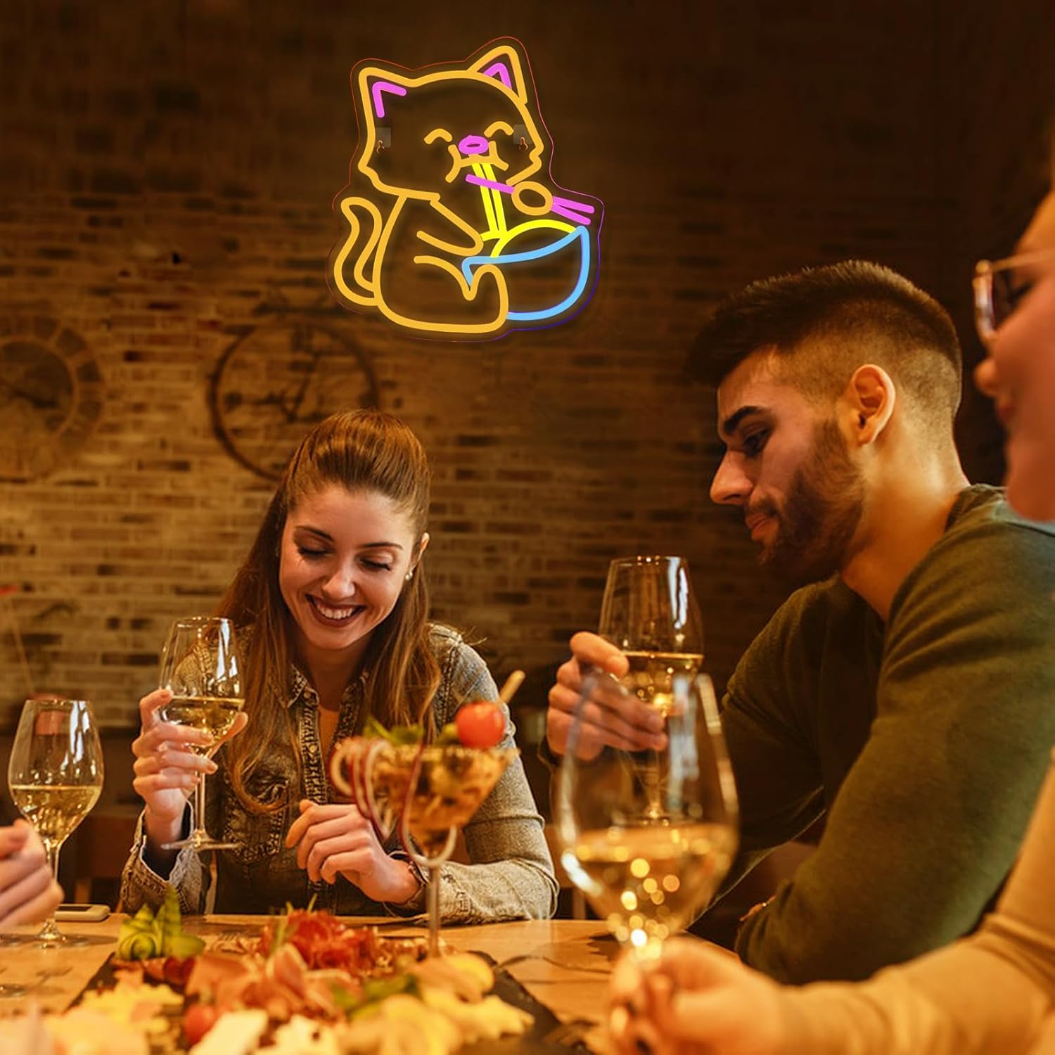 Cat Ramen Neon Sign for Wall Decor Dimmable Led Lights Signs Cat LED Signs for Home Bar Yellow Noodles Neon Light Room Decor for Bedroom Kitchen Restaurant Gift USB Powered