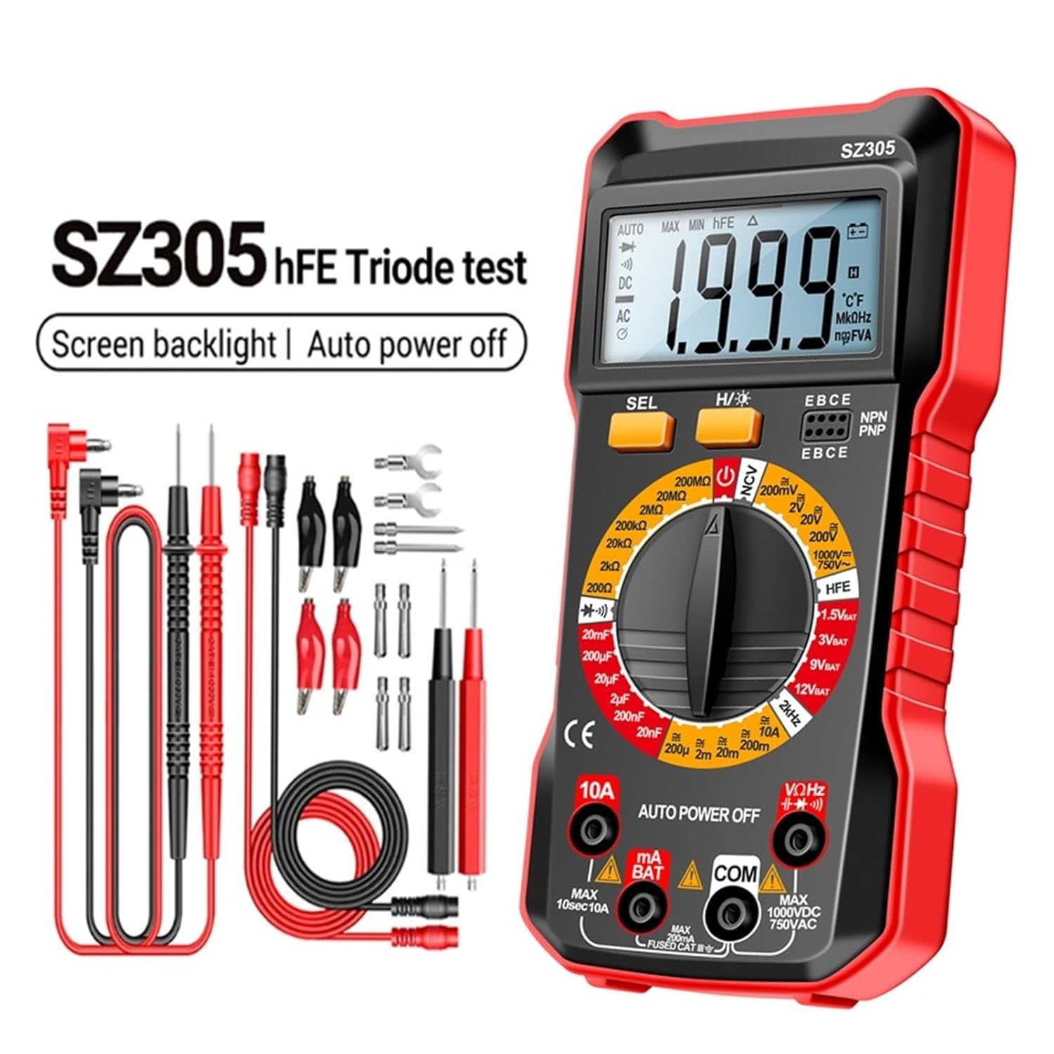 SZ305 Digital Multimeter Professional AC/DC Voltage Ammeter Capacitor HFE Triode NCV Voltage Induction Electrician Tester(SZ305 Red Pro)