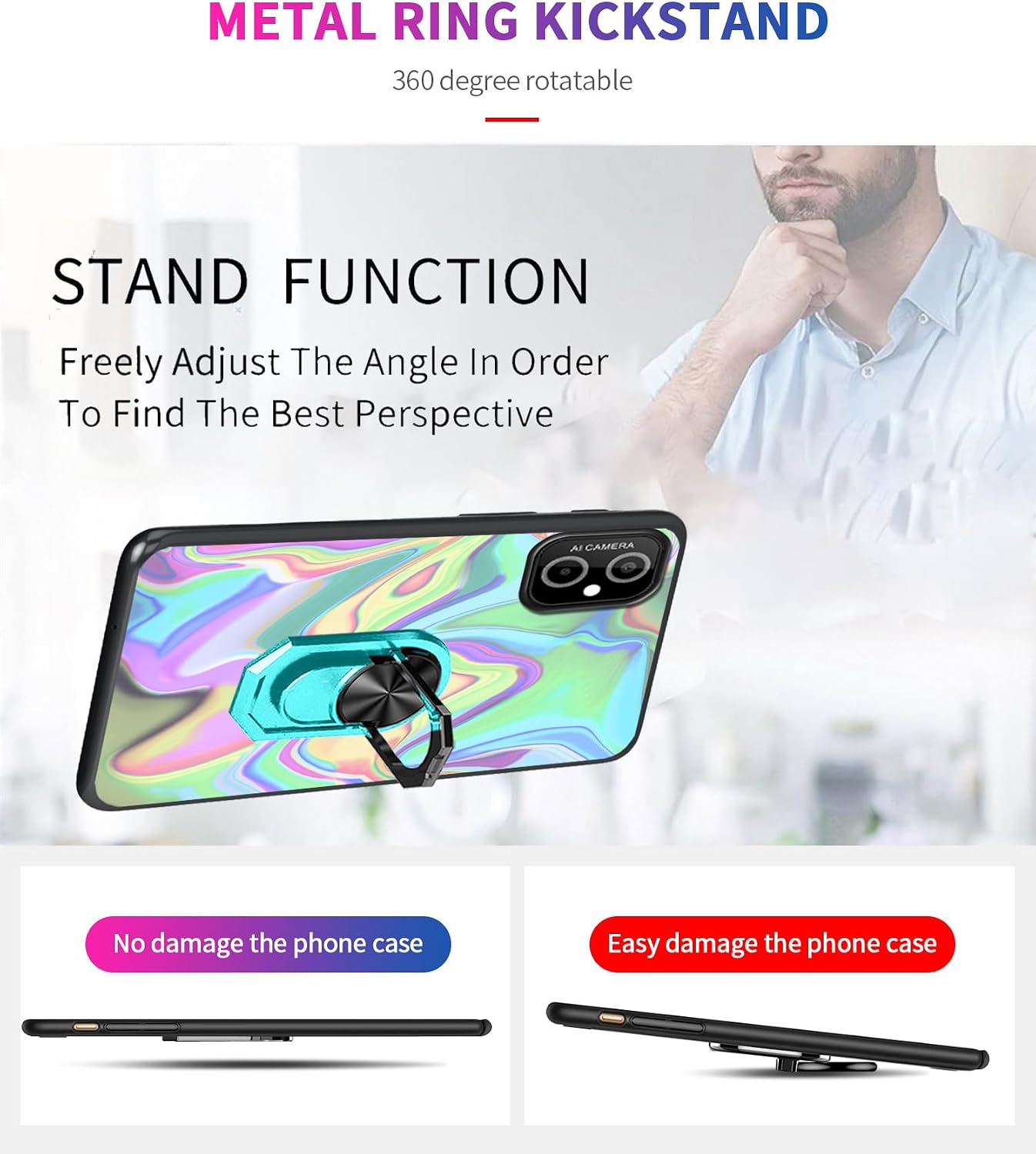 Soft TPU Case for HotPepper Hot Pepper Verde 6.56", HotPepper Verde Case with Built-in Metal Ring Grip Finger Holder Stand [Support Car Magnetic] Hands Free | Multi-Colored Art Wavy Painting