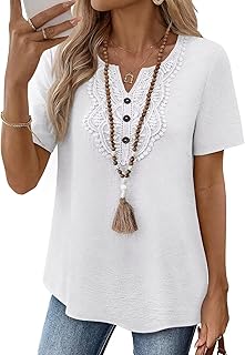 Womens Summer Tops Short Sleeve Boho Blouses Casual Lace V Neck Button Shirts Flowy Textured Trendy Tunic