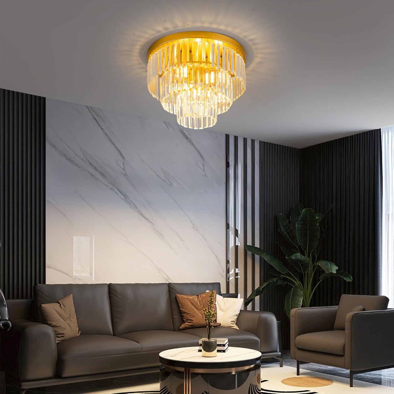 17" Flush Mount Crystal Chandelier 4-Lights Gold Crystal Ceiling Light 3-Tier Luxury K9 Dining Room Light Semi-Flush Ceiling Light for Bedroom Living Room Entryway Kitchen Island Hallway