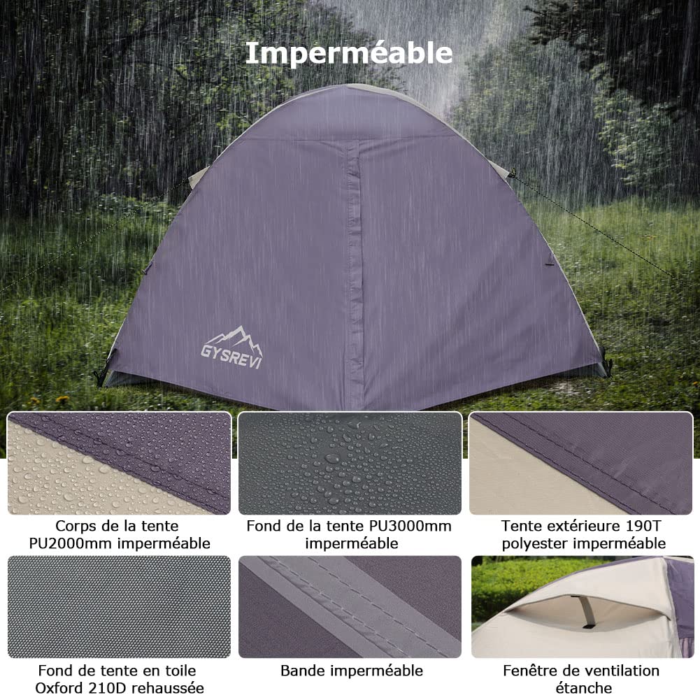 Tente De Camping 2-3 Personnes Ultra Légère – Imperméable 2000-3000 Mm, Double Porte, Dôme, Facile à Monter