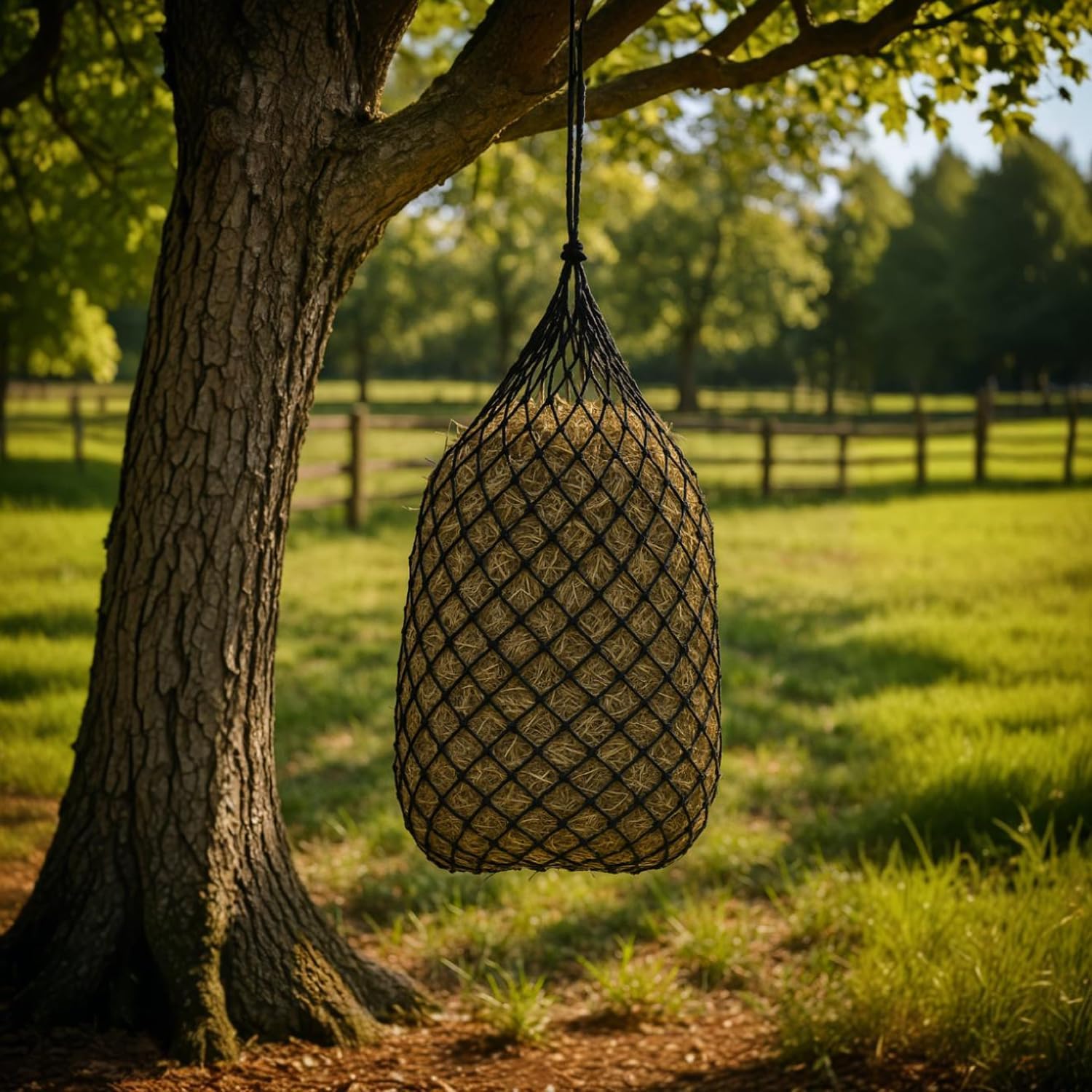Knotless Ultra Slow Feed Hay Net – Set of 2, 42" Long, 1.5" x 1.5" Openings, Soft on Muzzles, Durable Nylon, Holds 3–4 Flakes, Adjustable Hanging Strap, Great for Horses & Livestock
