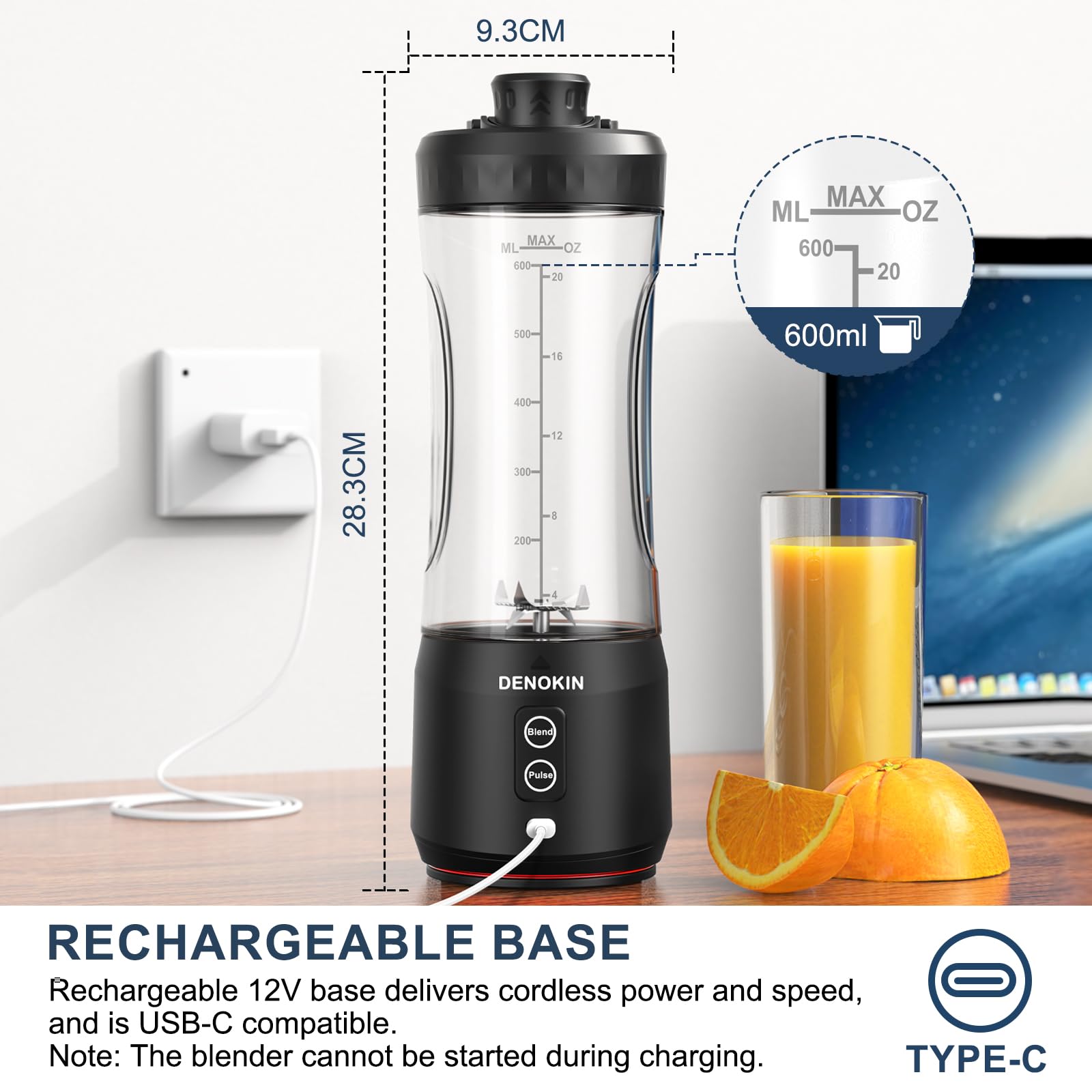 DENOKIN Mélangeur portable sans fil, 590 g, mélangeur personnel pour milkshakes et smoothies avec couvercle On Go et couvercle à siroter, petit mélangeur pour cuisine, maison, voyage