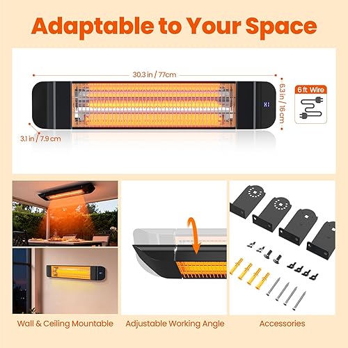 Miniatura 7 de Calentador infrarrojo de carbono de 1500 W, color negro, impermeable IP65 con control remoto, 2 niveles de potencia y montaje en pared para patios,