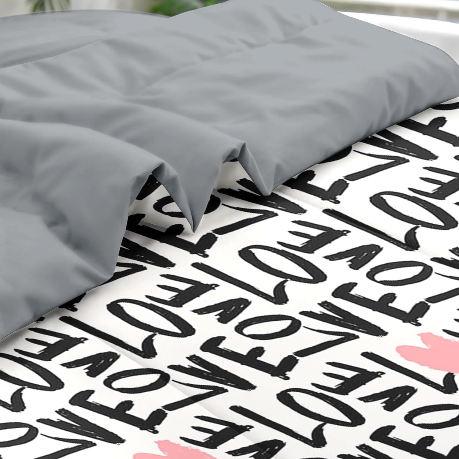 Comforter Set Queen Size, Love Heart 7 Pcs Bedding for Kids and Adults, Black and Pink Bedding Sets with Fitted Sheet 2 Pillowcases & 2 Shams for Bedroom Bed Decor - Image 5