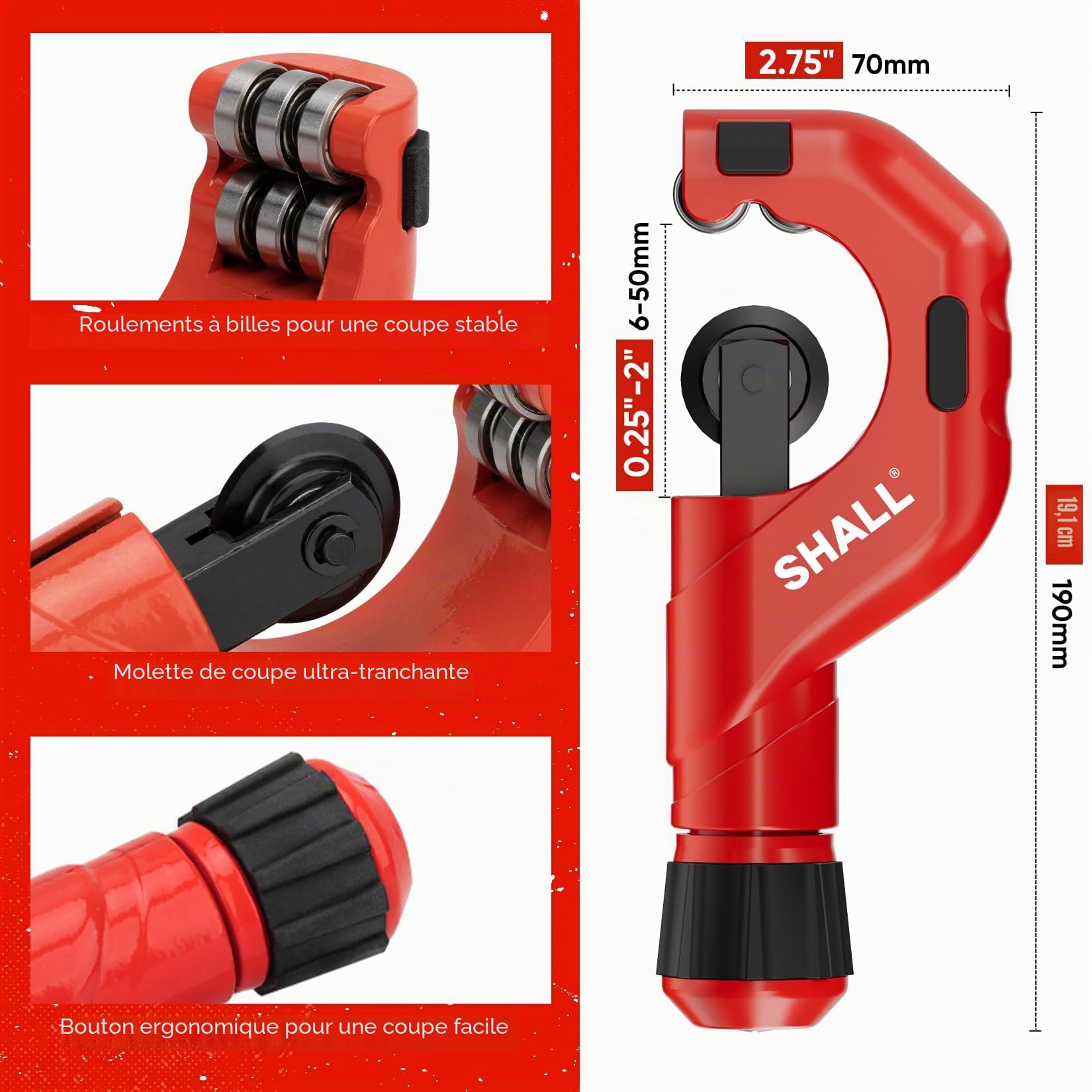 SHALL Lot de 4 coupe-tubes robustes Ø 6-50 mm, mini cutter Ø 3-22 mm, avec 2 outils d'ébavurage, convient pour PVC/aluminium/cuivre