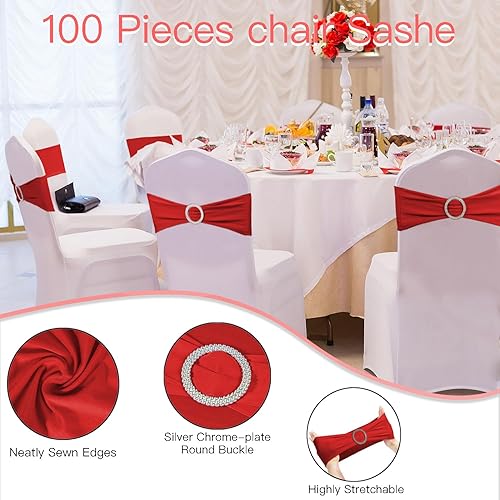 Miniatura 3 de 100 cintas elásticas de elastano para silla, lazos elásticos para silla, lazos con hebilla deslizante para bodas, fiestas, recepciones, eventos,