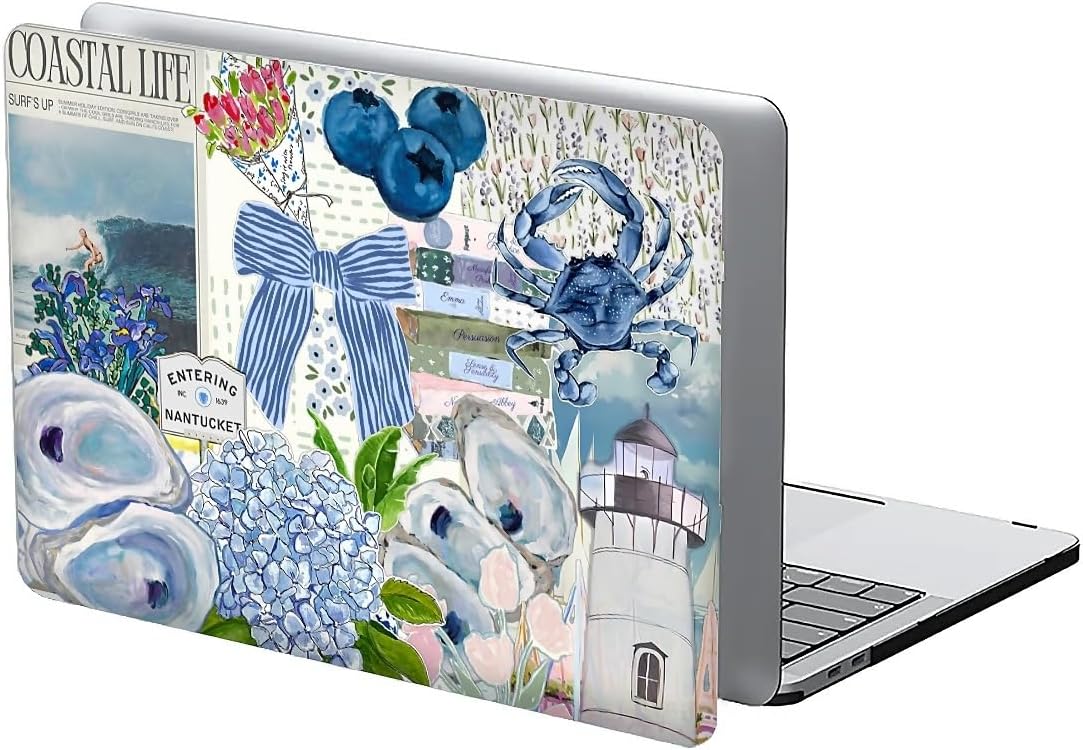 Compatible with MacBook Pro 13 inch Case A2338 M1 A2251 A2289 A2159 A1989 A1708 A1706, Plastic Hard Shell Case for Mac Pro 13 (2017-2021) - Blue Lighthouse Flowers Collage