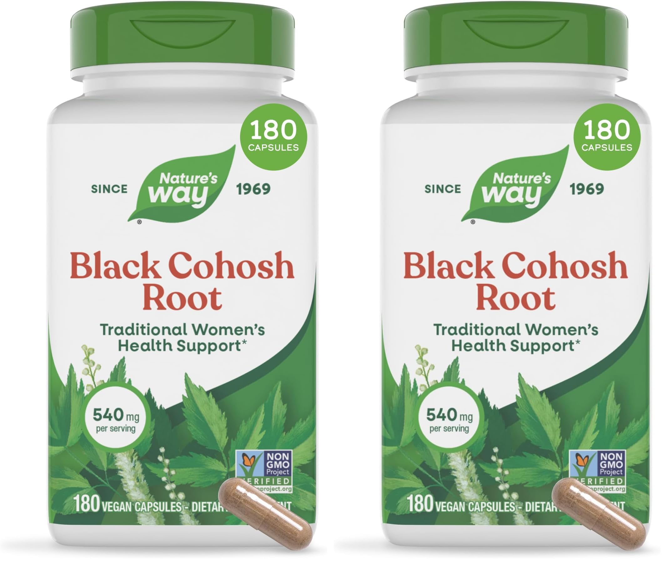 Nature's Way Black Cohosh Root, Traditional Support for Women's Health*, 540 mg per Serving, Non-GMO Project Verified, 180 Capsules (Packaging May Vary), (Pack of 2) 180 Count (Pack of 2)