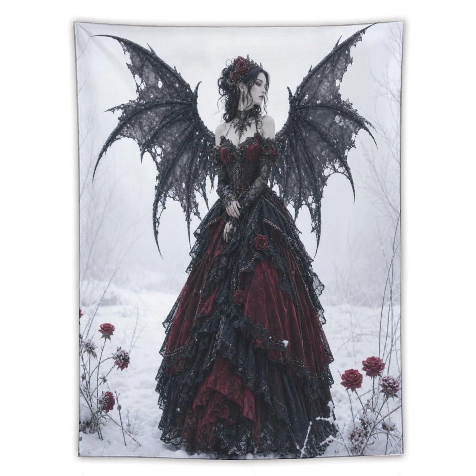 H3B8U2Y5 Gothic Bat Wing Woman Wall Tapestry, Red Black Dress