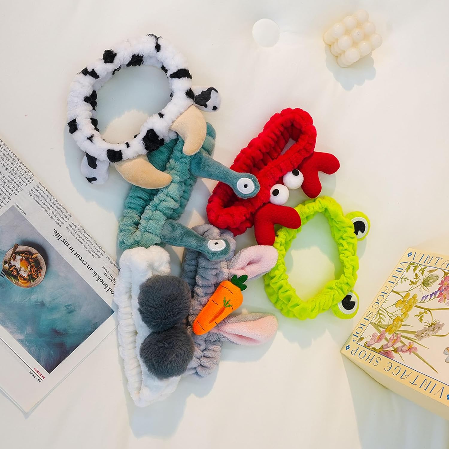 6 Pcs Spa Headband for Washing Face Women Elastic Headband Makeup Hairband Soft Coral Fleece Elastic Animal Bunny Cow Ear Hair Bands Head Wraps for Spa Washing Face Makeup Shower Sport - Image 3