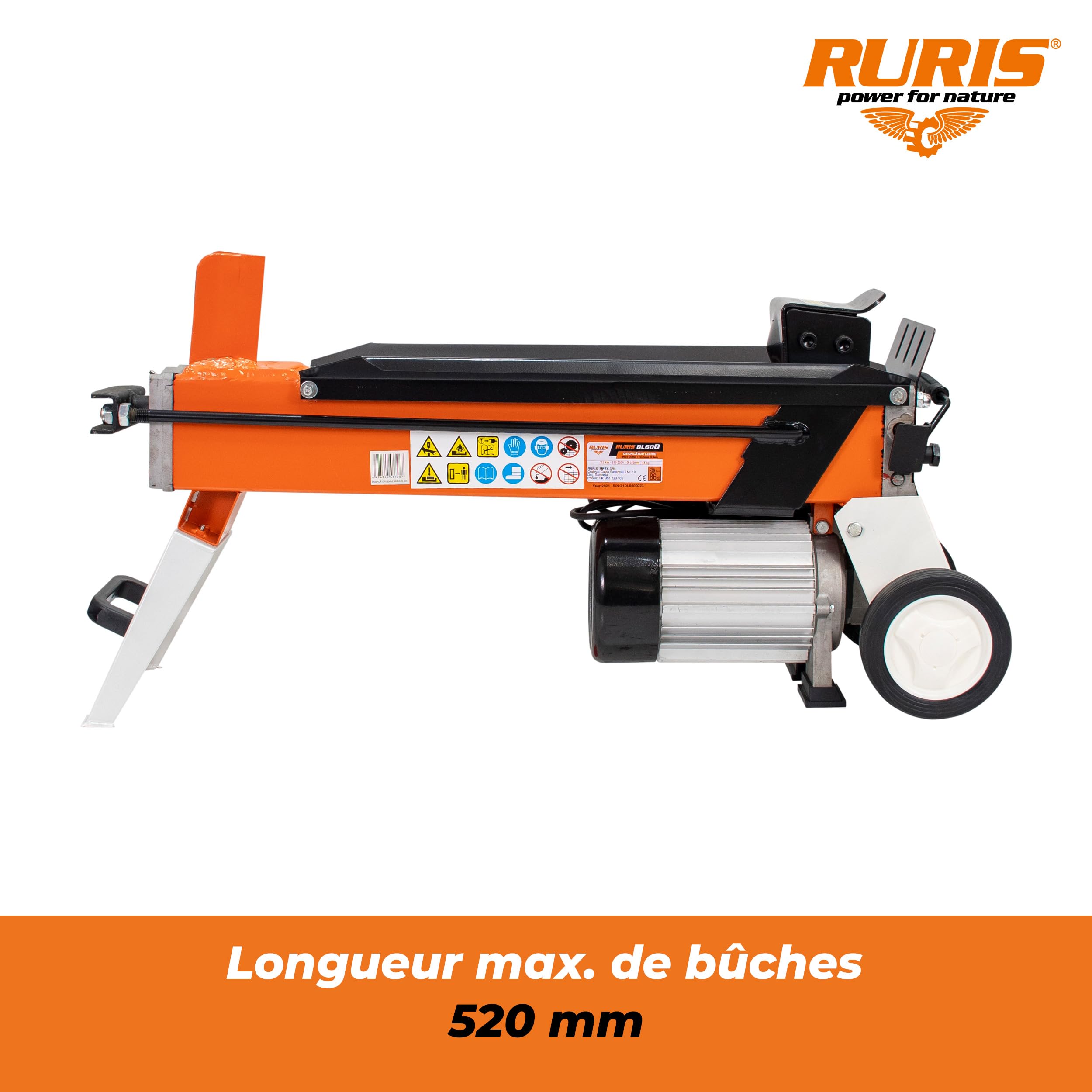 RURIS POWER FOR NATURE Fendeur de Bûches Électrique DL600-6 Tonnes, 2200W, 230V, Longueur Max 52 cm, Diamètre 25 cm, Compact et Transportable, pour Bois de Chauffage