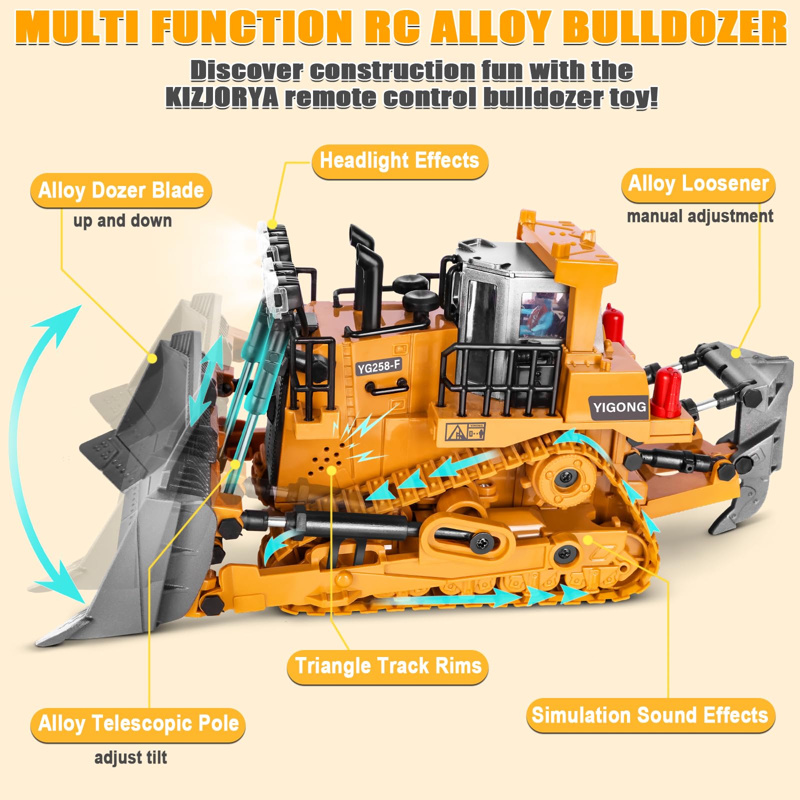 KIZJORYA Bulldozer Telecomandato, Giocattolo da Costruzione RC a 9 Canali con Luci, Suono e Batteria Ricaricabile, Regalo Giocattolo Bulldozer per Bambini di Età Compresa Tra 6 e 12 Anni (2.4 GHz)