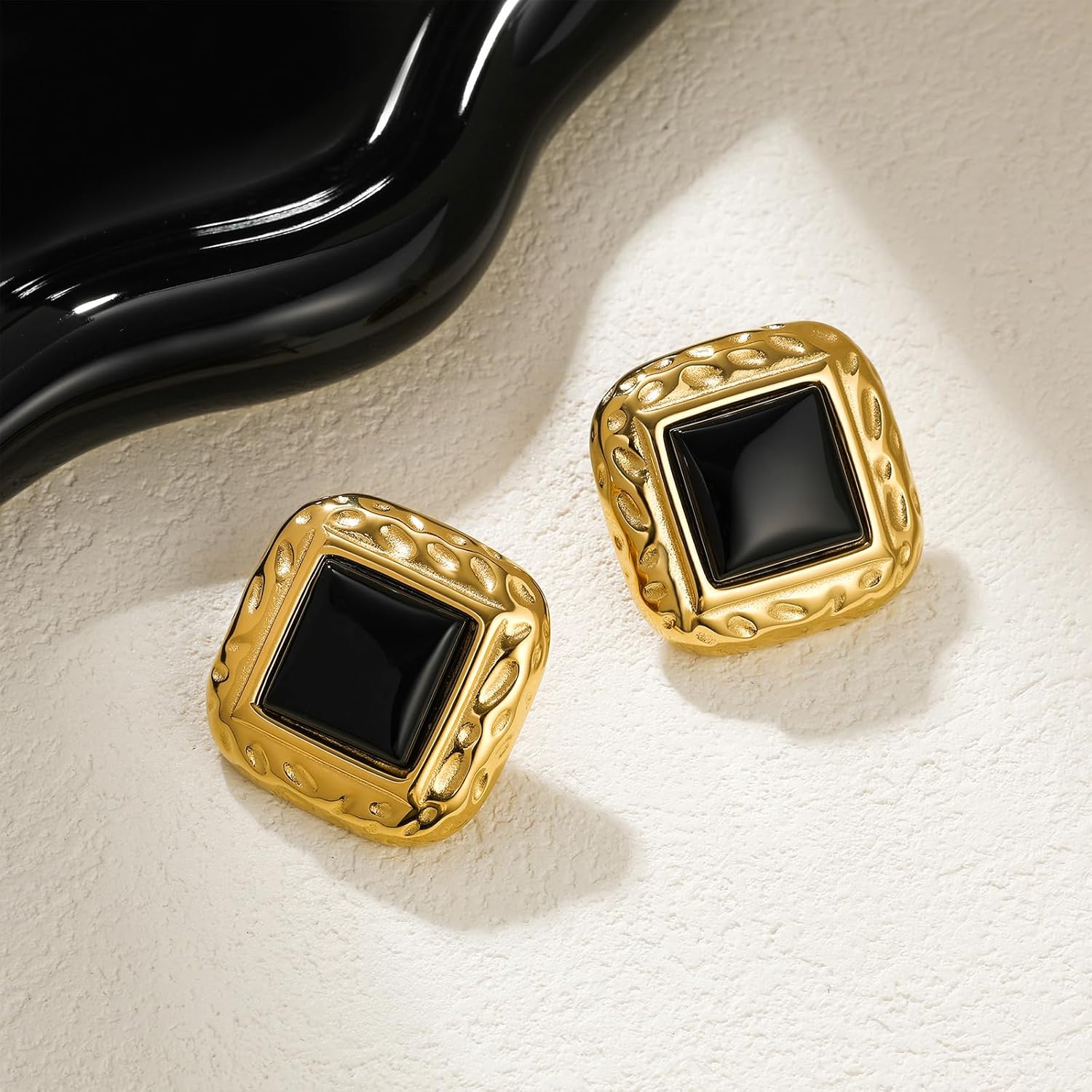 Chunky Gold Earrings Vintage Square Earrings Women Black and Gold Statement Earrings 18K Gold Stud Non Tarnish Stainless Steel - Image 5