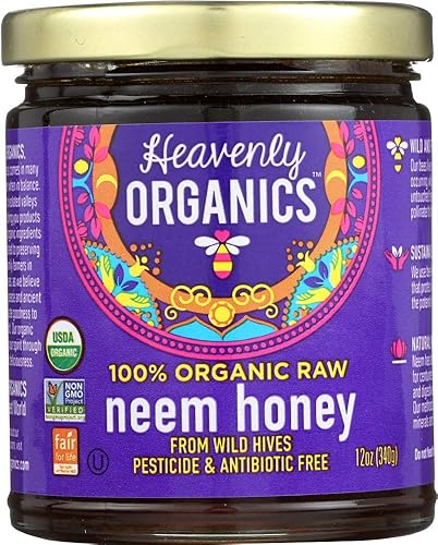 Heavenly Organics Miel de neem cruda 100% orgánica (12 onzas) ligeramente filtrada para preservar vitaminas, minerales y enzimas hecha de colmenas