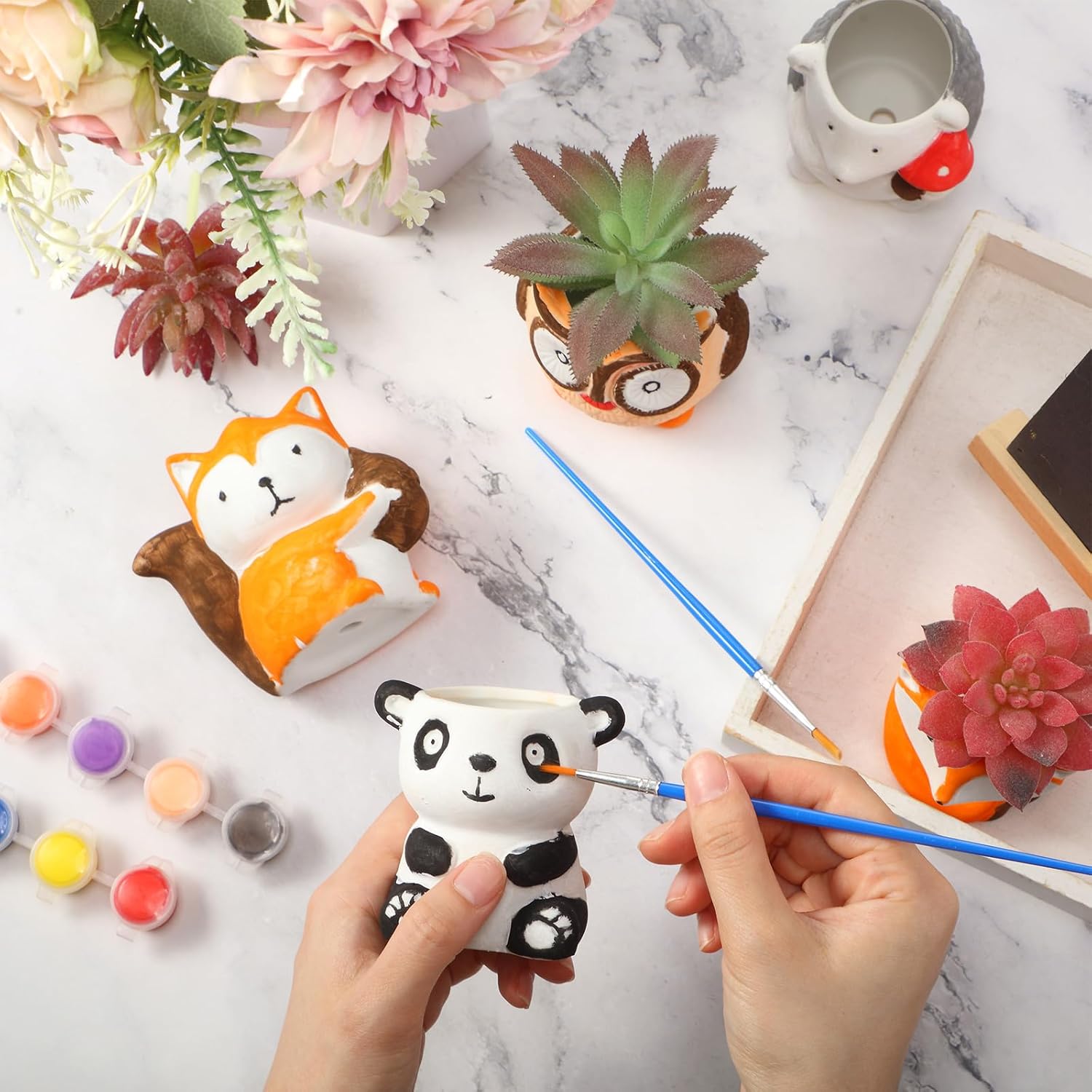 Sunnychicc 12 Sets Christmas DIY Ceramic Animal Succulent Pots Figurines Unpainted Ceramic Bisque Paintable Animal Flowerpots with Drainage Hole Ready to Paint for Kids Classroom Craft Project