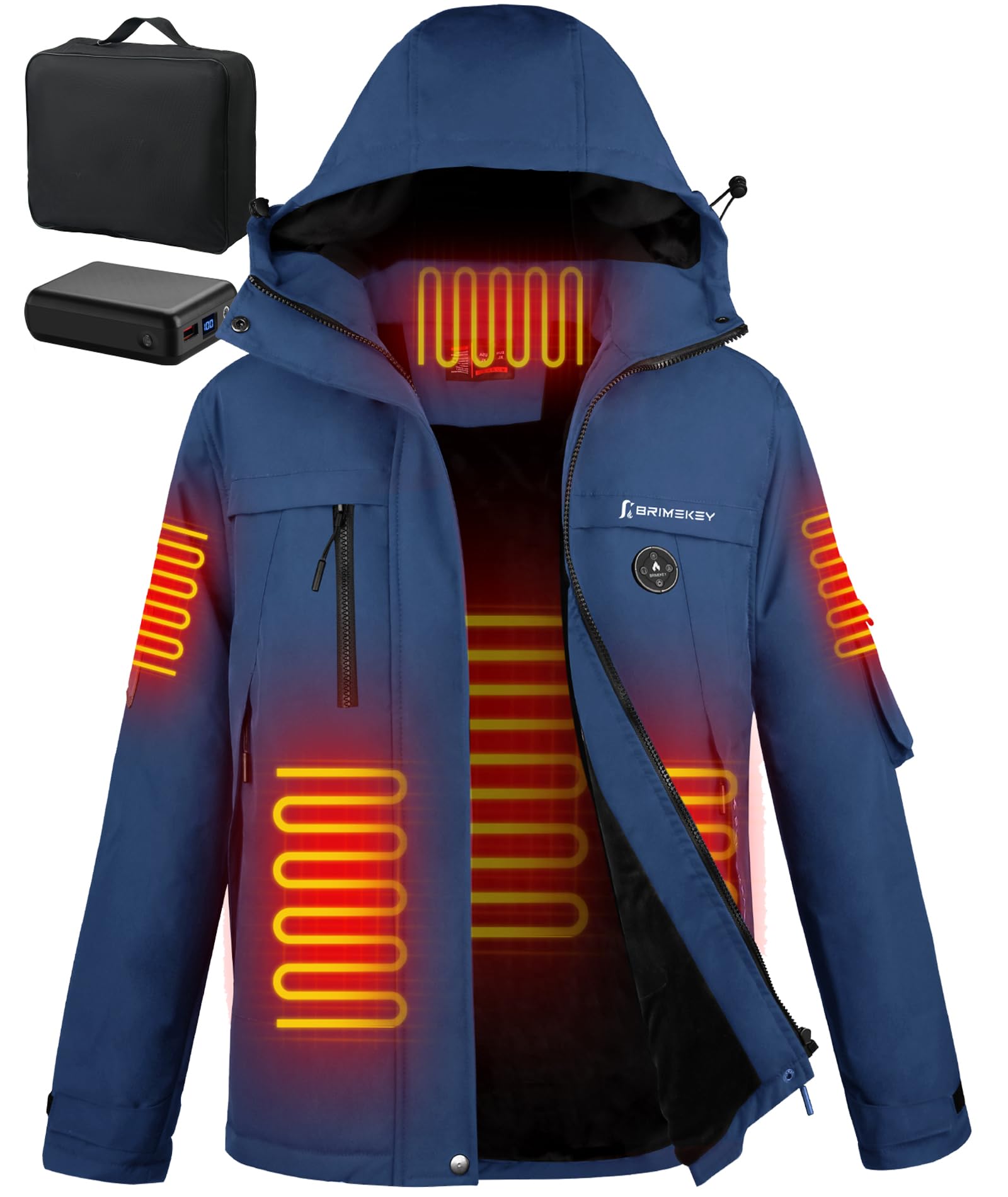 Chaqueta Calefactable Hombre con Batería 7,4V 12000mAh, 6 Zonas de Calor, Impermeable Antiviento para Ski Senderismo Camping