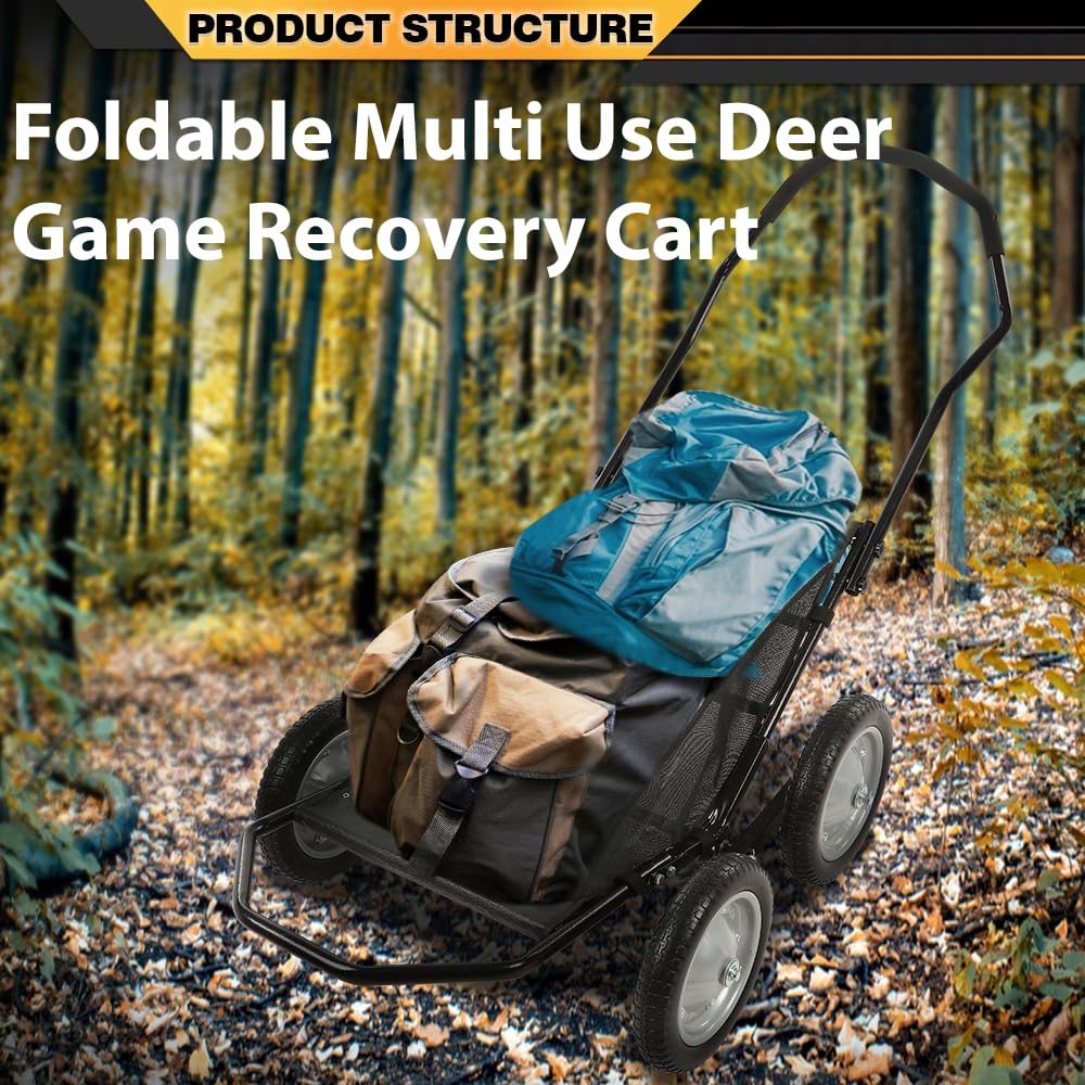 CNNELL 500 Pounds Capacity Foldable Multi Use Deer Game Recovery Cart Utility Gear Dolly with 4 Oversized Wheels All Terrain Cart
