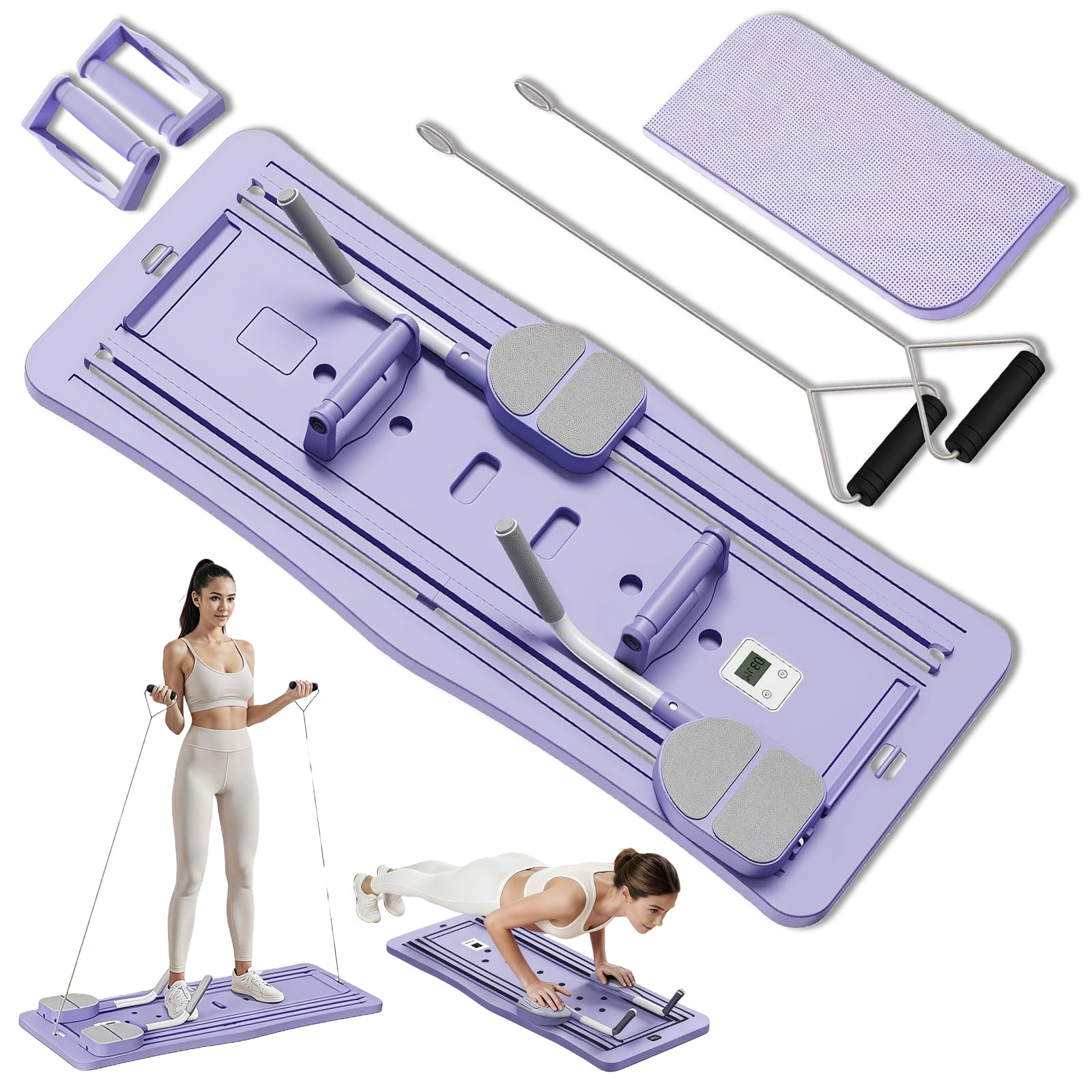 Roadtime Riformatore per pilates pieghevole, con rullo addominale e timer, portatile, multifunzione, con rimbalzo automatico, attrezzatura per allenamento completo del corpo, per casa e palestra