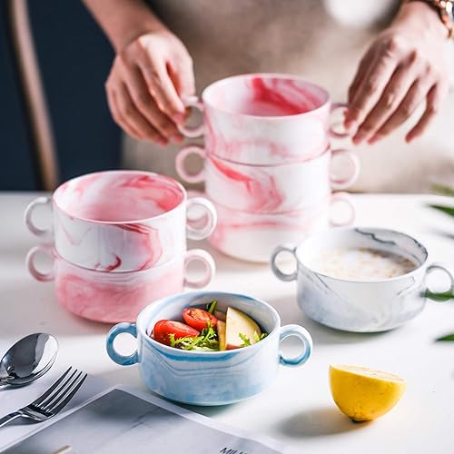 Miniatura 5 de Yundu Tazones de cerámica con asas, 9 onzas con asas, para sopa, sopa, sopa, cereales, guiso, frío, ramequines, juego de 6, mármol gris