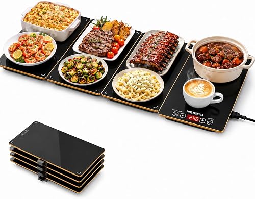 Expandable 4-in-1 Electric Warming Tray, Extra-Large Tempered Glass Food Warmer with 8 Heat Levels, 24H Timer & Child Lock, Modular Buffet Heating Plate for Parties & Family Dinners
