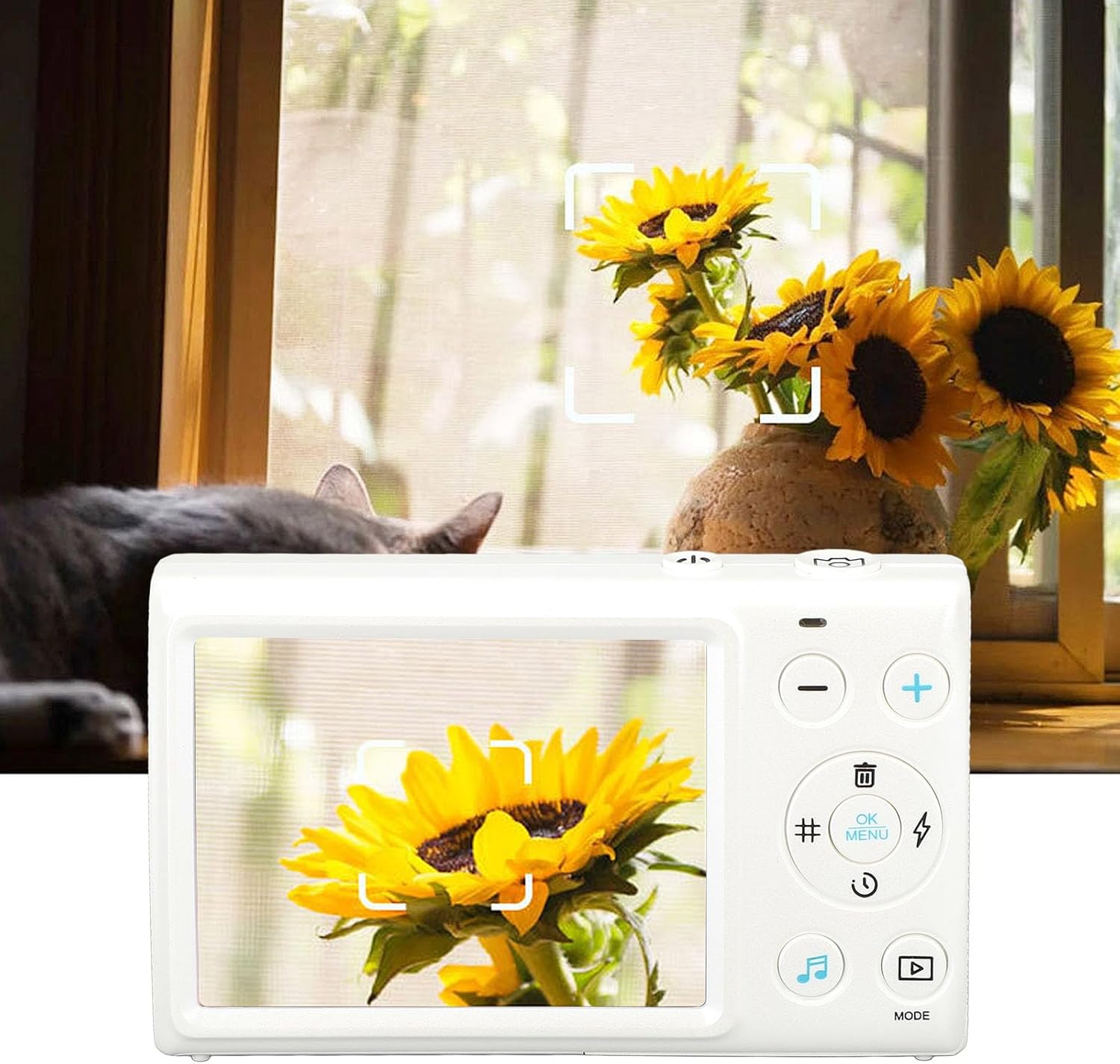 Diyeeni Digital Camera displaying a sunflower on its screen