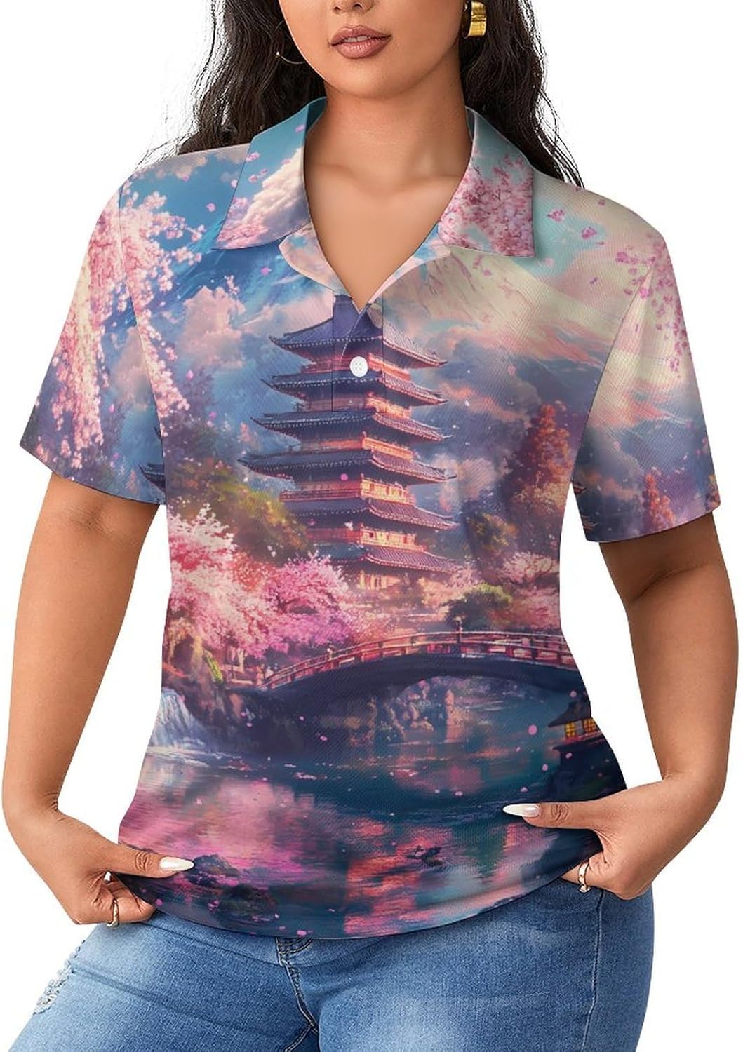 Japanese Cherry1 Floral Mountain Women's Golf Polo Shirts Short Sleeve Quick Dry Tennis Tops Casual Work Blouses