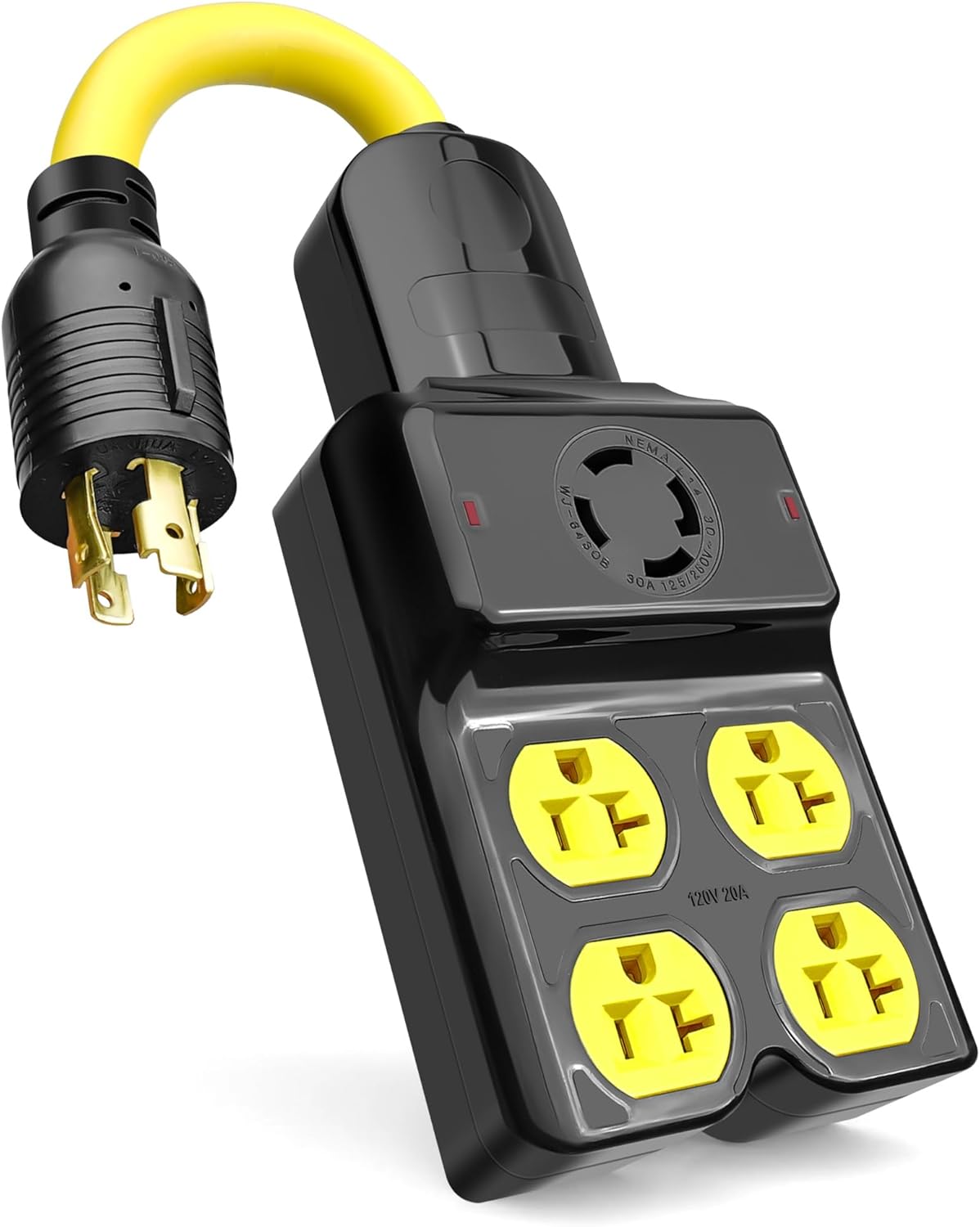 Generator Adapter Extension Cord Fits for Nema L14-30p to 4 Port 5-20R/ 5-15R & L14-30R, 4 Prong Twist Locking 30 Amp to 15/20 Amp Generator Power Cord 125/250V 7500 Watts 1.5Ft