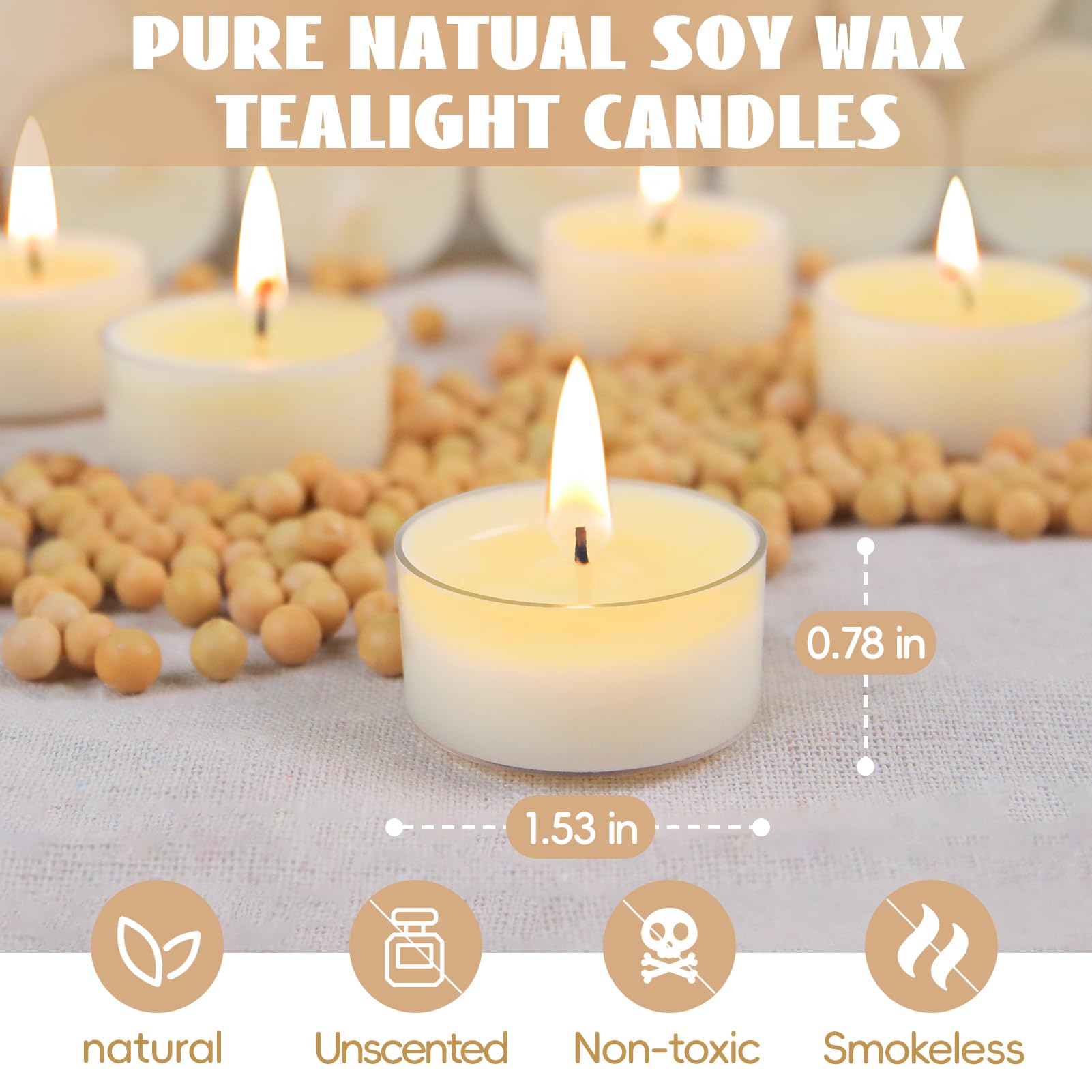 Soy Tealight Candles 120 Pack, 6 Hours Long Burning Tealights Candles Bulk, Natural Soy Wax Tea Light Candle Paraffin-Free, Unscented Small Tea Candle for Emergency,Dinner