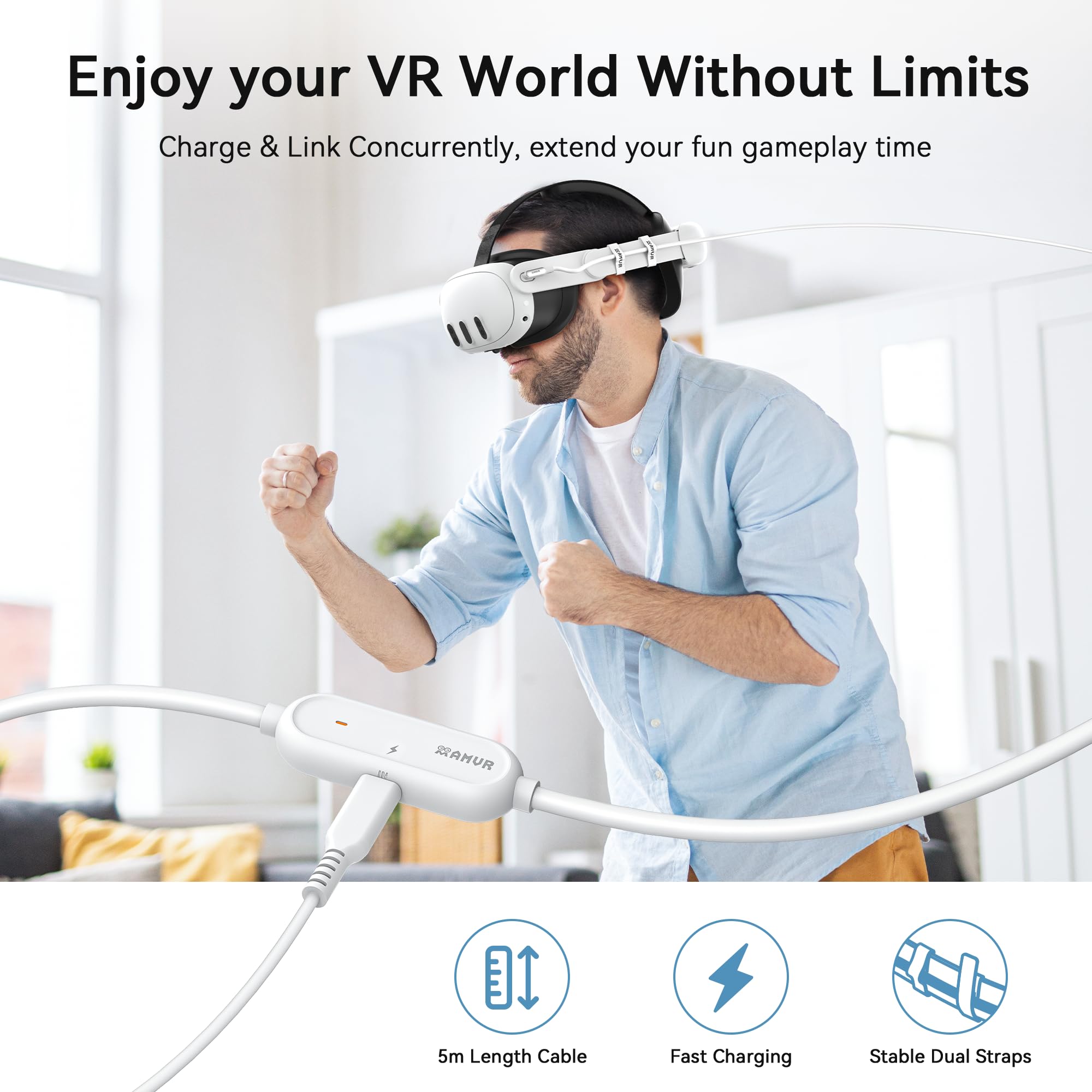 AMVR Link Kabel mit Ladeanschluss 5m(16Ft) Kompatibel mit Quest 3/Meta Quest 3S, Pico 4 Ultra Zubehör, PC/SteamVR Headset Zubehör High Speed 5Gbps USB 3.0 to USB-C VR Ladekabel