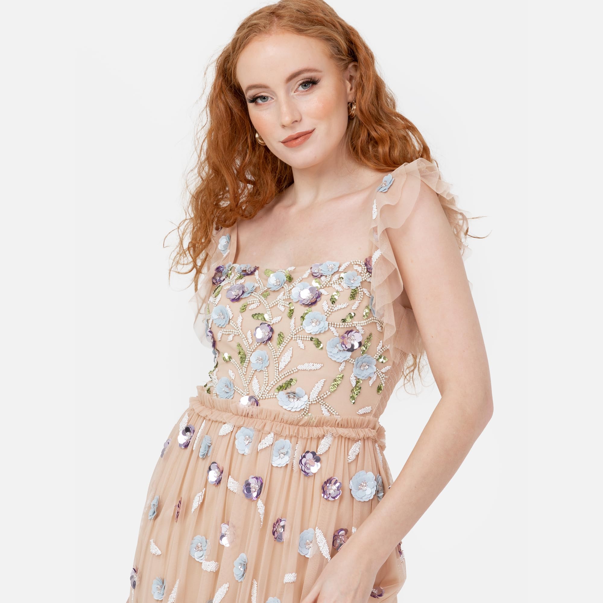 Maya Deluxe Damska sukienka Midaxi Ruffle Short Sleeve Square Neck Sequin Embellished Shirred Back Frills A-line Wedding Guest Nude 42, nude, 42