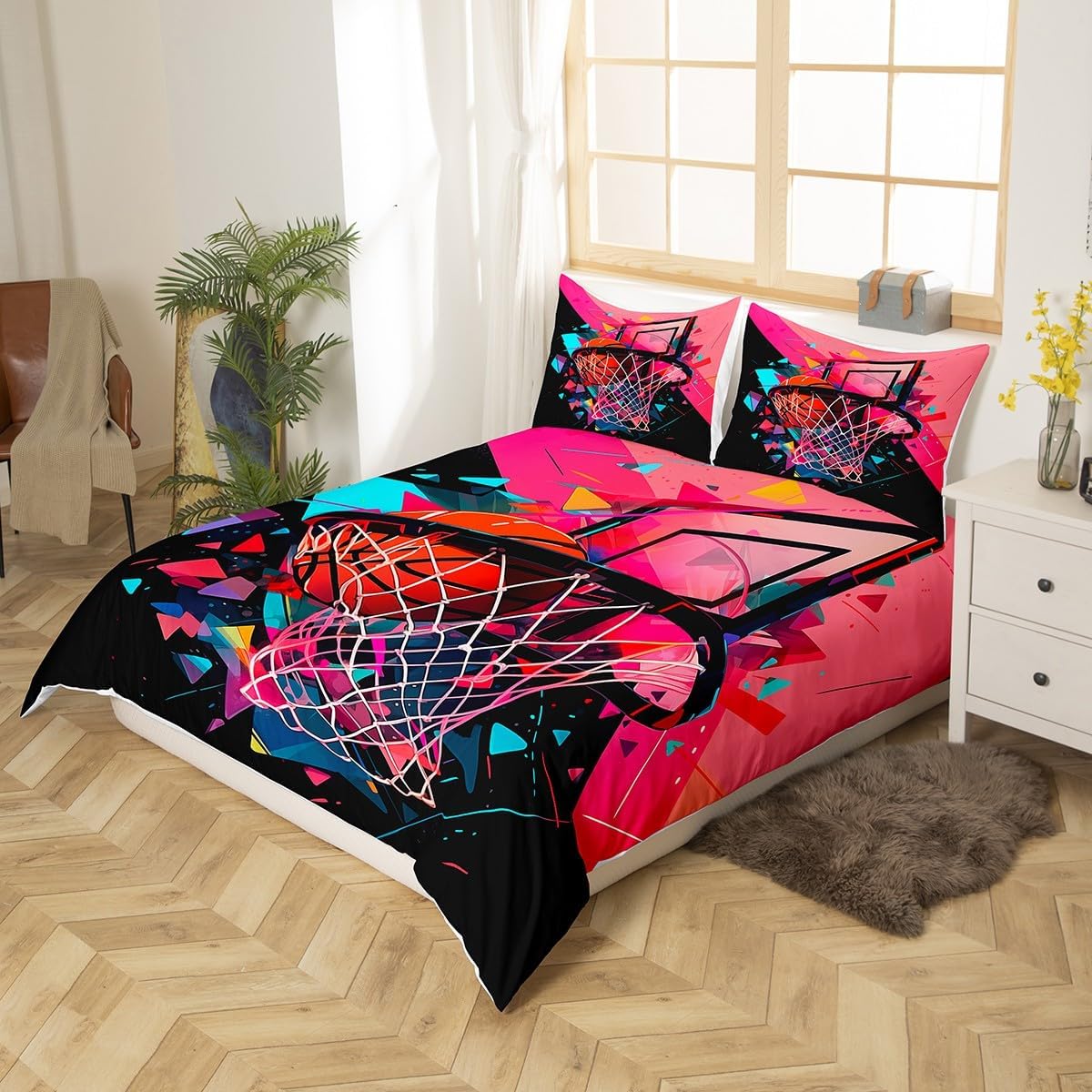 Erosebridal 3D Basketball Duvet Cover Set Sports Theme Duvet Cover for Boys Girls Kids 3D Ball Games Bedding Set Birthday Gift for Basketball Player Room Decor Purple Full Size