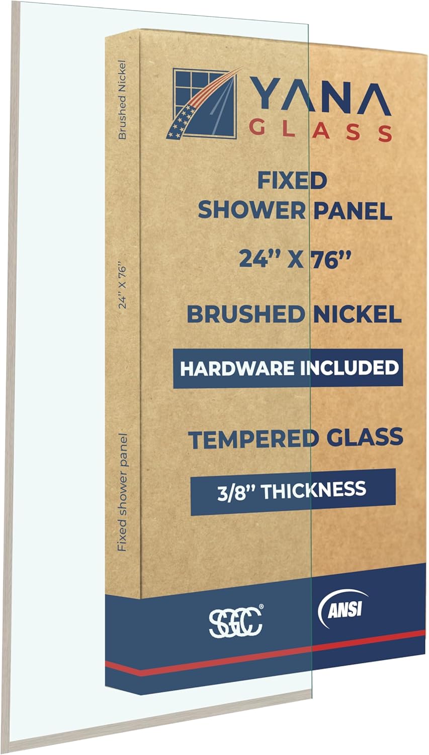 Fixed Glass Shower Wall Panel, 10mm Thick Glass Door 24" x 76", Frameless Tempered Glass Door for Shower, Bathroom Shower Screen with Brushed Nickel Finish by Yana Glass and Mirror
