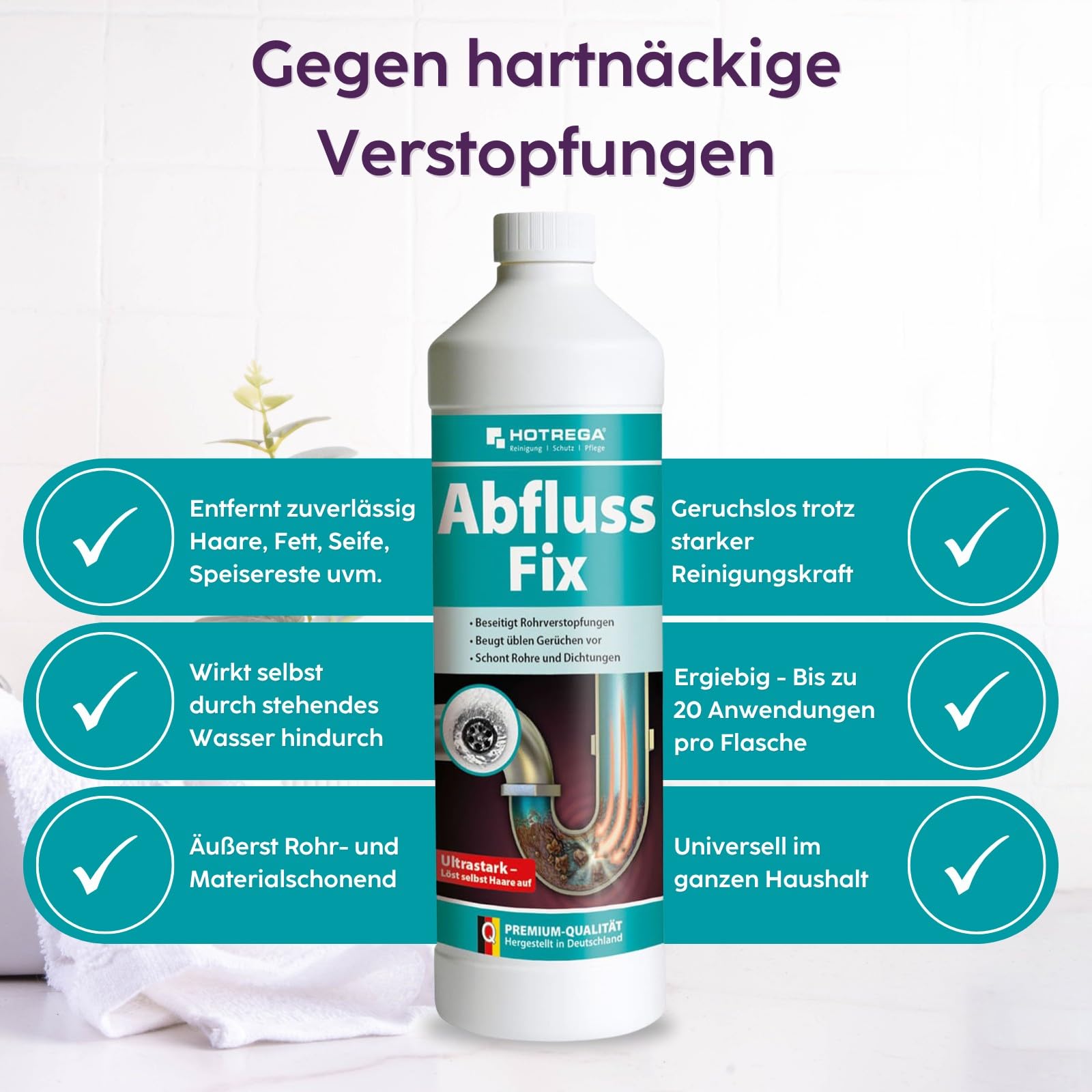 HOTREGA Abfluss Fix 2x 1 L Konzentrat | Rohrreiniger gegen Haare & Fett | Abflussreiniger für Dusche, WC & Küche | Wirkt schnell ohne Geruch | Schützt alkalibeständige Siphons & Dichtungen