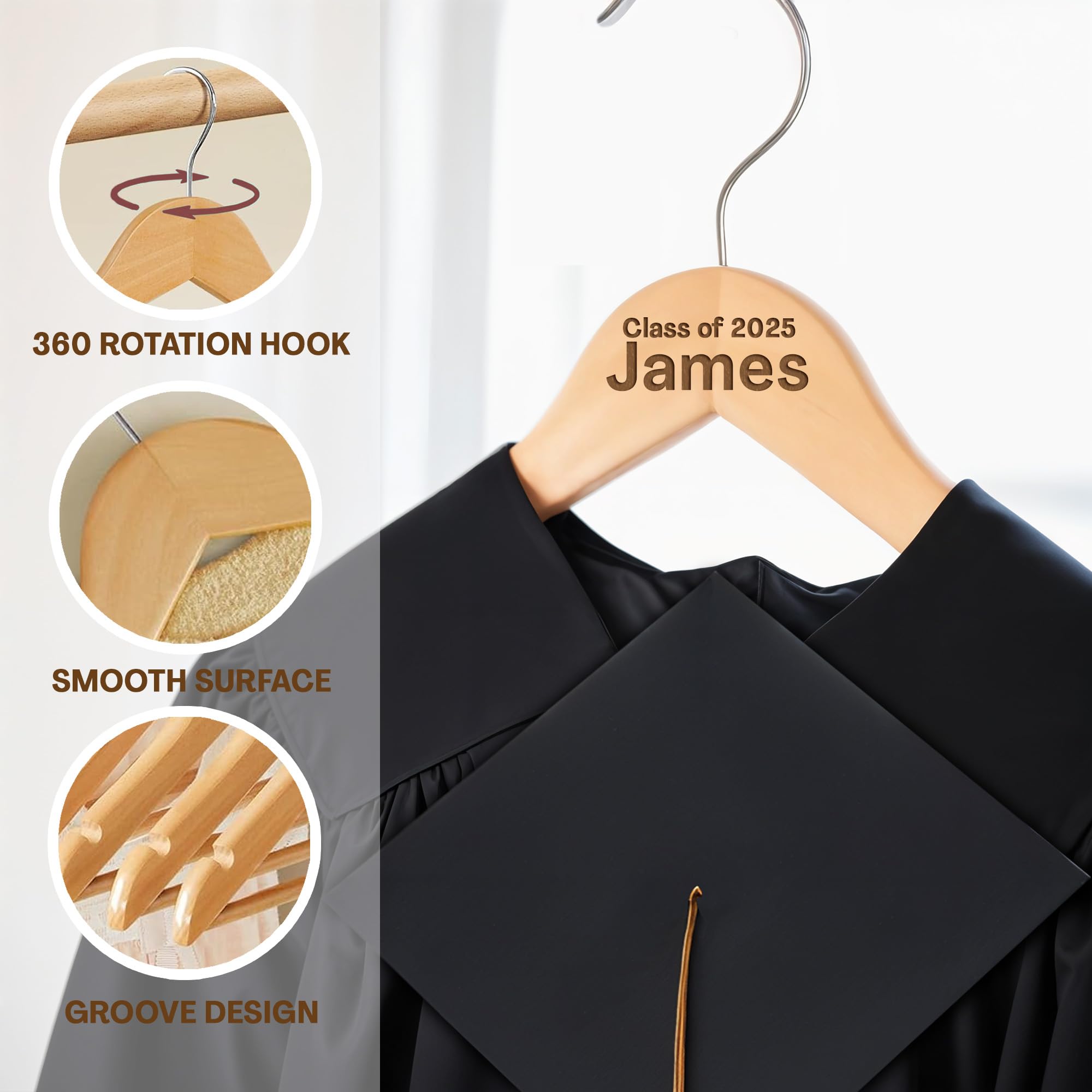 Custom Wooden Hanger with Name for Graduation, Engraved Hangers for Graduation Outfit Dress Hangers with 360° Rotatable Hook, Custom Closet Hangers, Non Slip Hangers Personalized Grad Gift - 2 Pack