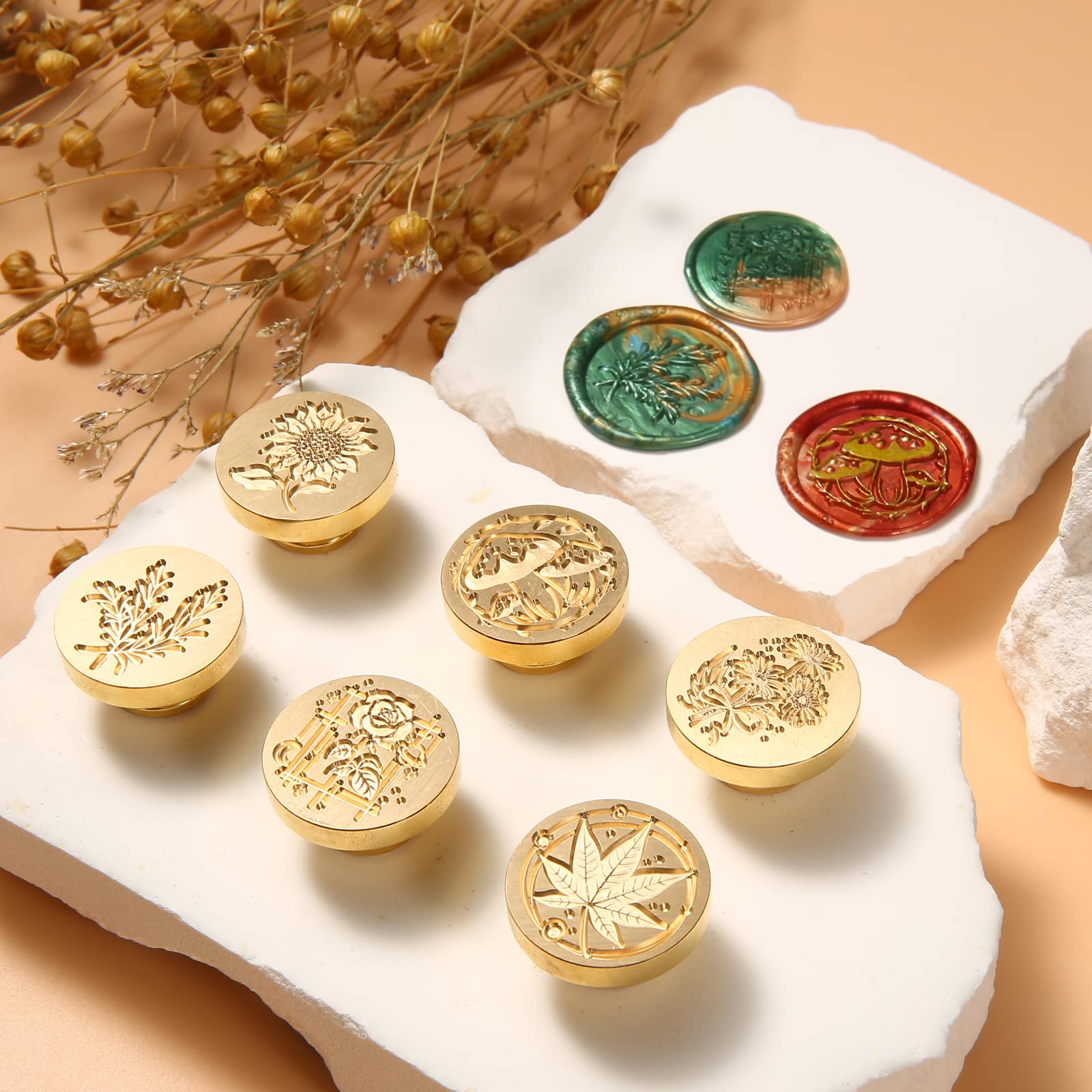 Comealltime Wax Seal Stamp Set, 6 Pieces Copper Wax Seal Stamp and Removable Wooden Handle, Sealing Wax Stamp (Rose, Wheat - Image 4