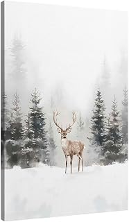 TLESKE Winter Deer Reindeer Wall Art Decor, Snowy Forest Mountain Canvas Wall Art Print for Home Bedroom Living Room, White Winter Christmas Snow Moose Wall Artwork Picture, 16x24