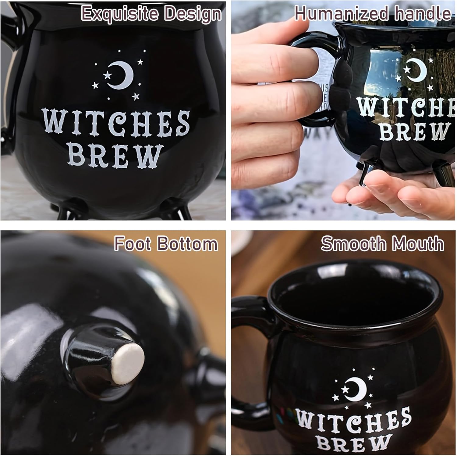 Halloween Witchy Cauldron Coffee Cup - 400ml Black Ceramic Spooky Mug with Silver Moon & Stars Design, Microwave Safe, Halloween Party Cup, Autumn Decorative Mug for Witches Brew Lovers - Image 5