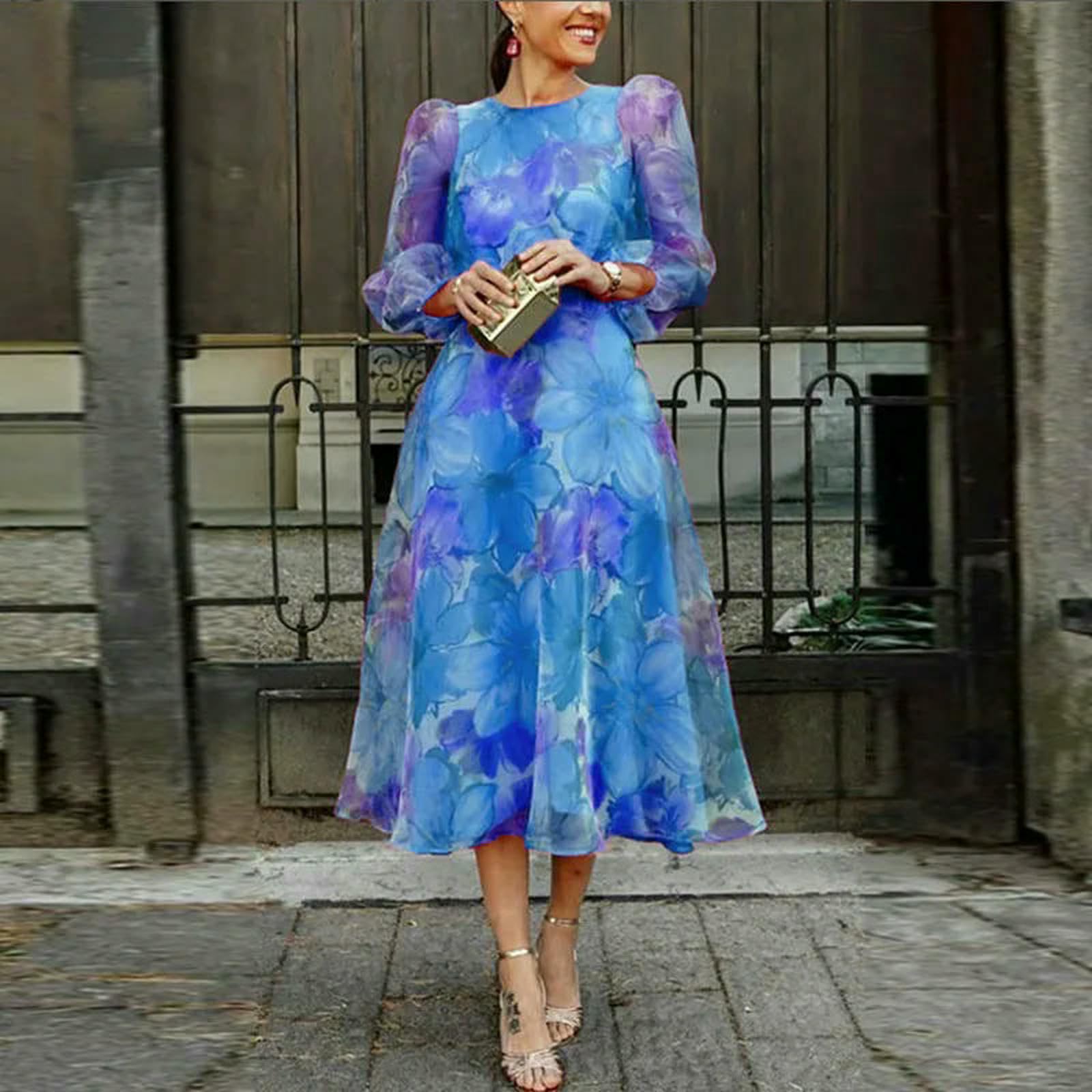Vestiti a Maniche Lunghe Abito da Sera Autunnale Femminile, Elegante Stampato Floreale Casual, Festa con Manicotto 3 4 Molla, Femminile