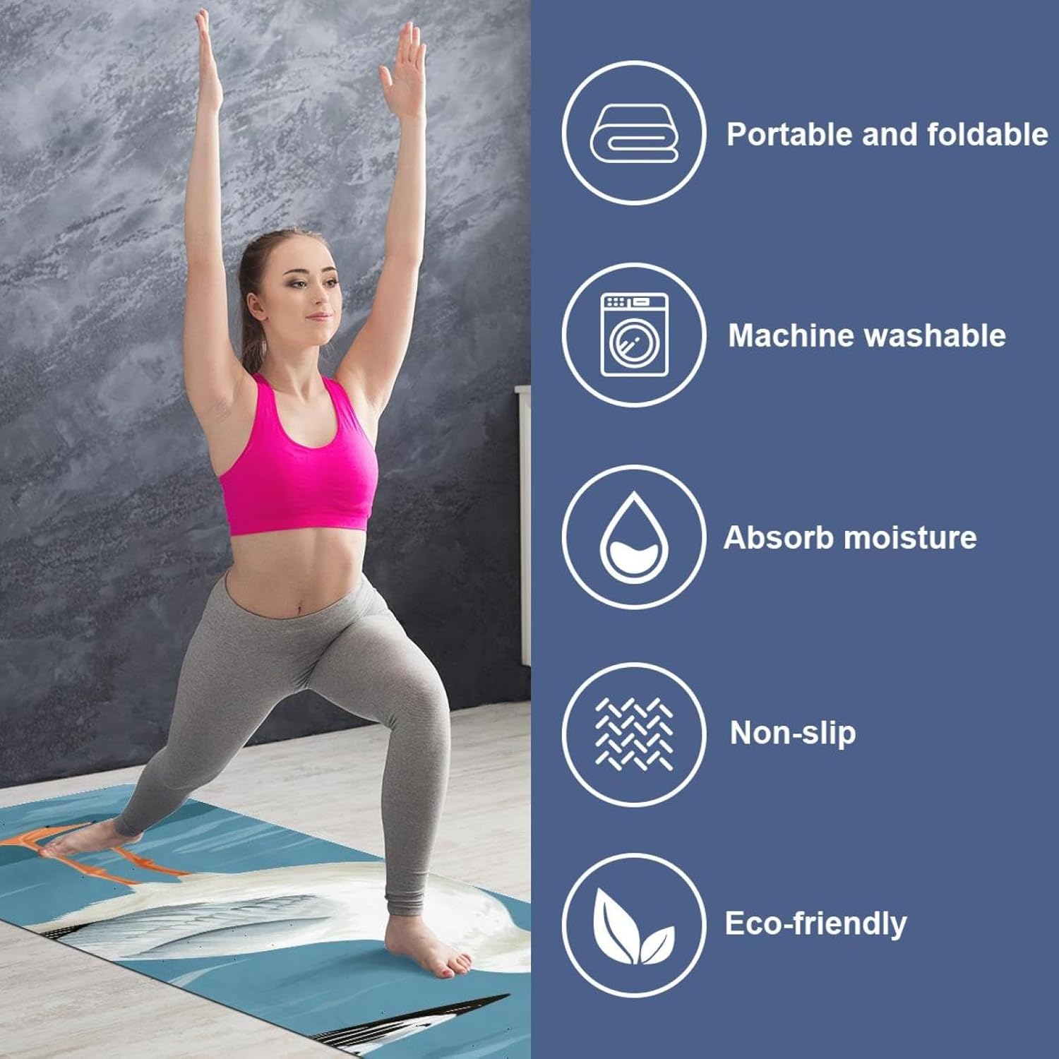 Yoga Towel, Seagull Pattern Non Slip Sweat Absorbent Hot Yoga Mat Towel for Hot Yoga, Pilates and Fitness - 72.8" x 26.8"