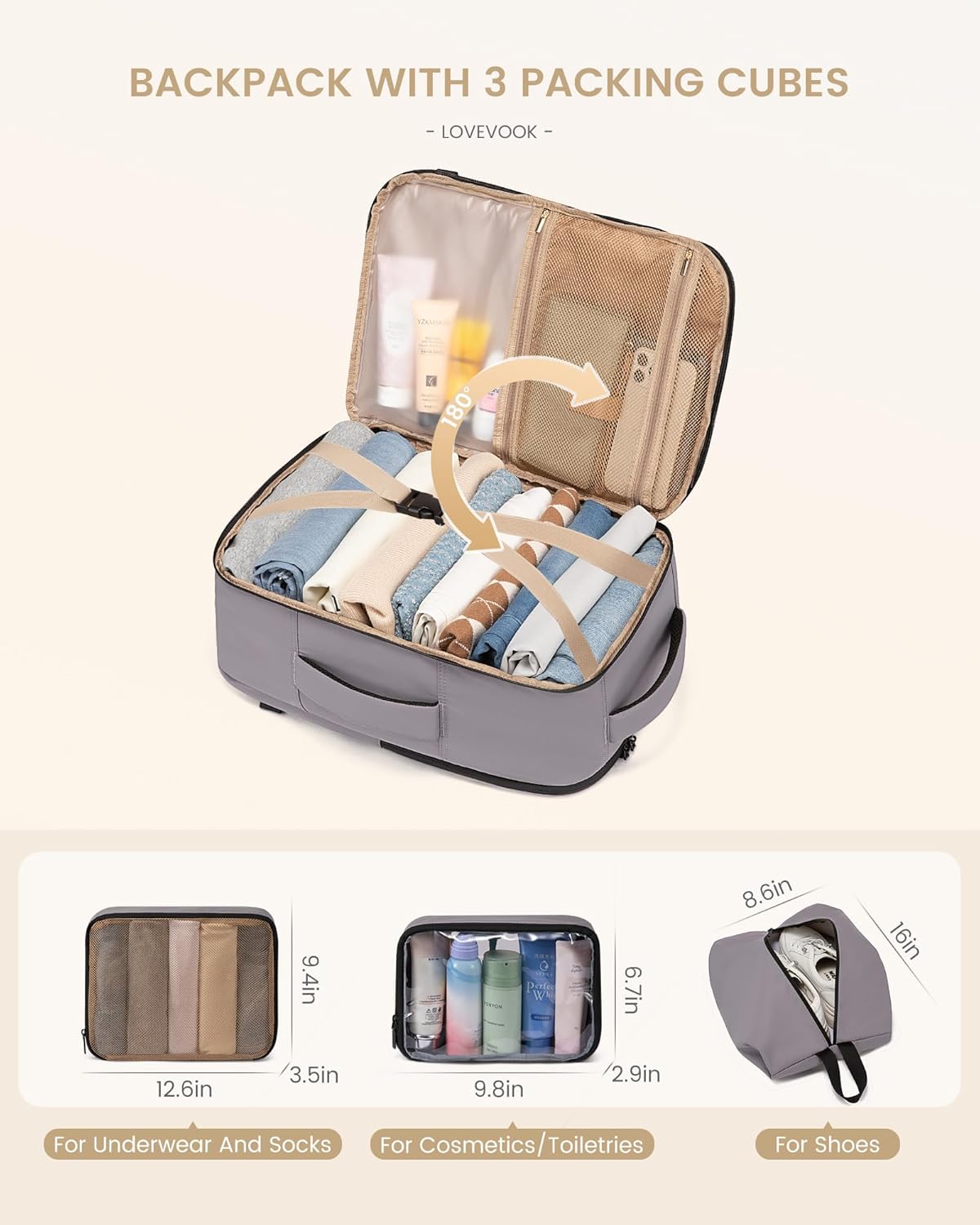 LOVEVOOK Travel Backpack for Women & Men, 40L Large Carry On Backpack Airline Approved, TSA Personal Item Weekender Bag, Water Resistant Laptop Backpack with 3 Packing Cubes for Travel Essentials - Image 4