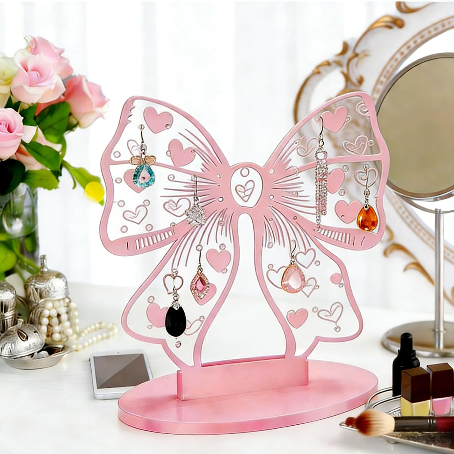 Pink Bow Acrylic Earring Holder Organizer for Women Earring Display Stand with 70 Holes & Storage Rack with Solid Base Cute Jewelry Holder Stand with Heart Decoration for Stud Earring (Pink)
