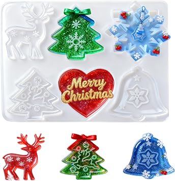 Christmas Resin Molds, Christmas Silicone Mold for Epoxy Resin, 6 Designs Ornament Mold with Xmas Tree Snowflakes Reindeer Bells Heart Pattern for DIY Craft Keychains Xmas Gift Holiday Decoration 2 In