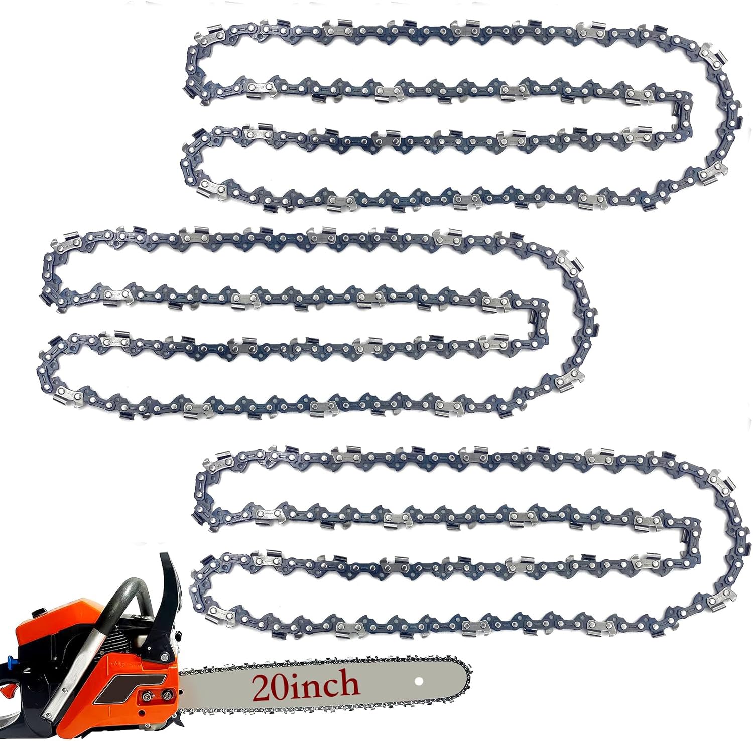 3 Pack 20" Chainsaw Chain 3/8" Pitch 058 Gauge 76DL Replacement for Blue Max 53543 8901 8902 Replacement for Husqvarna Stihl Poulan Craftsman Chainsaws