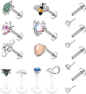 14 PCS 16G Tragus Piercing Jewelry Medusa Piercing Jewelry Labret Jewelry Conch Helix Piercing Jewelry Tragus Earrings for Women Surgical Steel Screw Back Flat Back Earrings Threadless Nose Stud Lip Rings