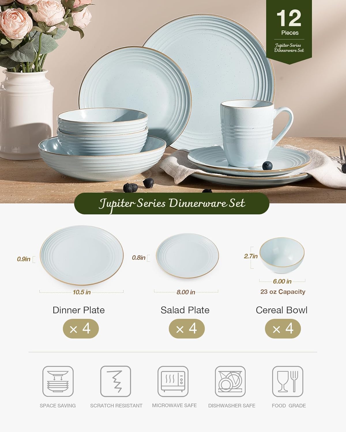 Famiware Jupiter Dinnerware Set, Plates and Bowls Dish Sets for 4 (12 Pieces), Microwave and Dishwasher Safe Stoneware Speckled Tableware, Chip and Scratch Resistant, Light Blue - Image 4