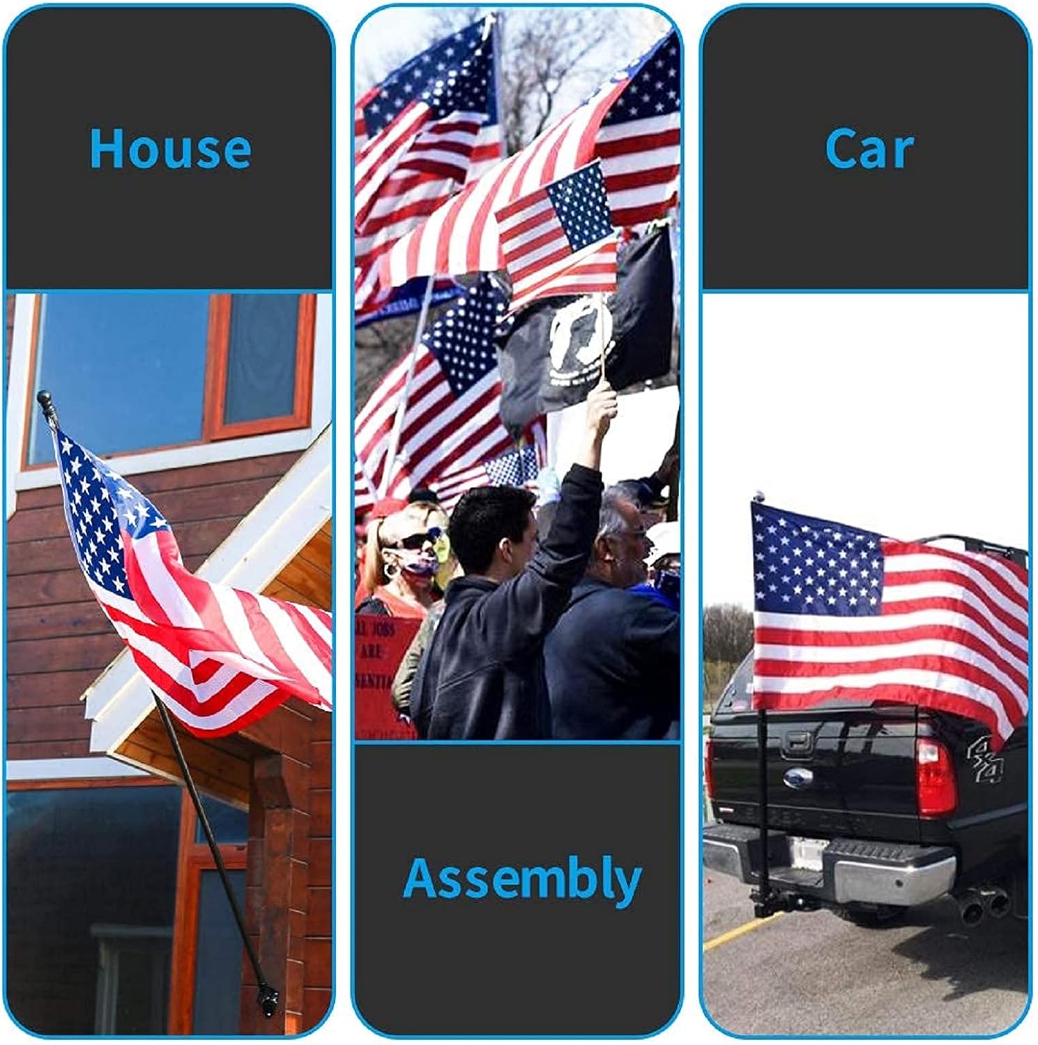 HIBLE 5 Foot Carbon Fiber Flag Pole Kit 4 Sections Tangle Free Flag and Poles for House, Black Flag Pole with Holder, 2x3 FT Embroidered US Flag
