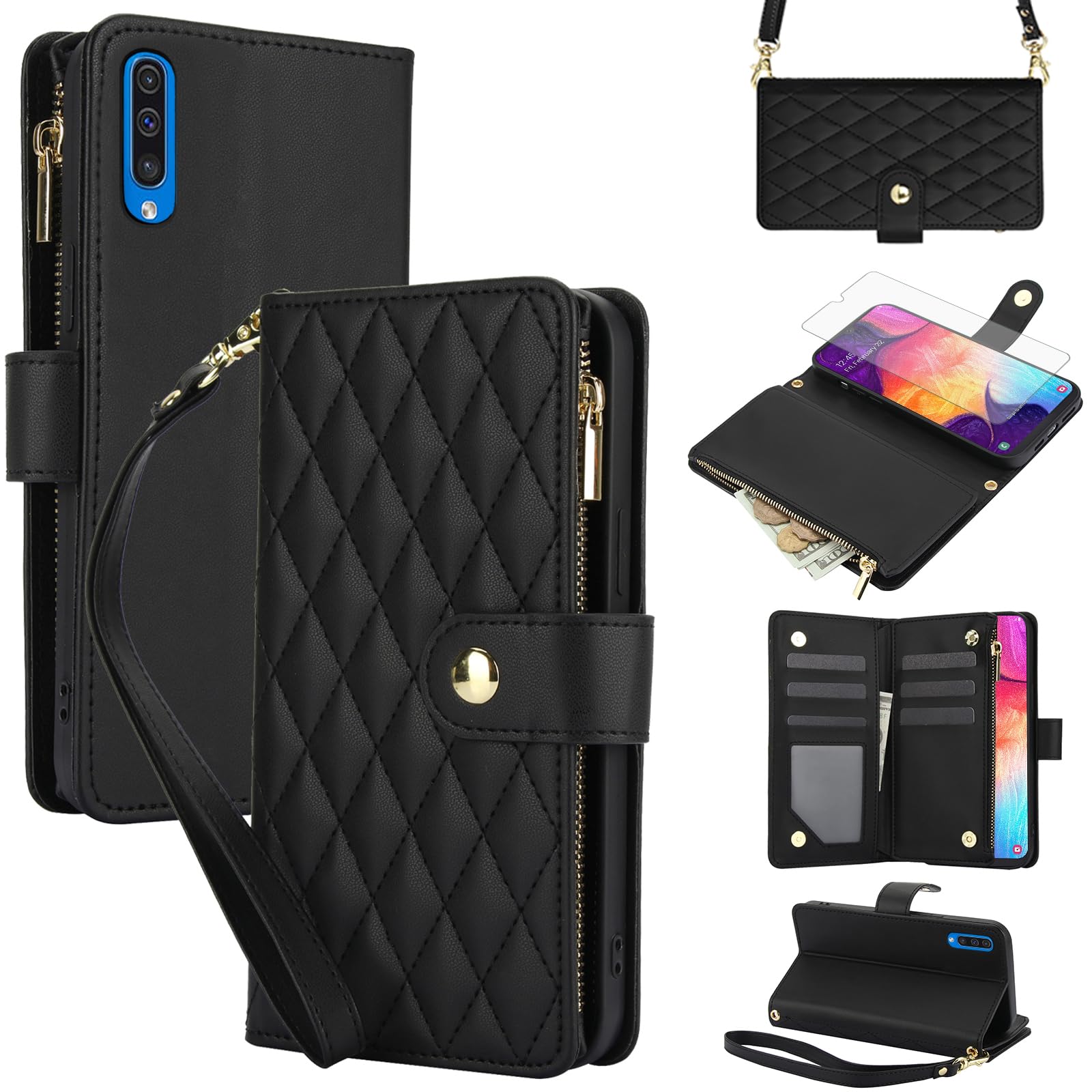 Asuwish Handyhülle für Samsung Galaxy A50 A30S A50S Hülle mit Band Folie Schutzfolie Kartenfach Klappbar Leder Geldbörse Ständer A 50 50S 30S 50A Handy Hüllen Schutzhülle Wallet Phone Case Schwarz