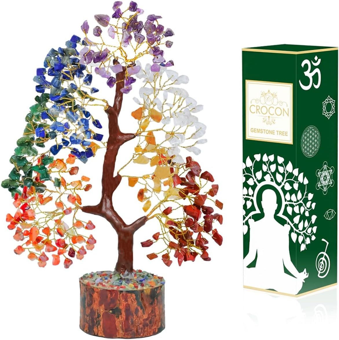 Seven Chakra Natural Gemstone Healing Tree Bonsai for Crystal Reiki Healing Balancing Good Luck Wealth & Prosperity Home Office Decor Spiritual Meditation Decor Gift Size 10-12 Inch